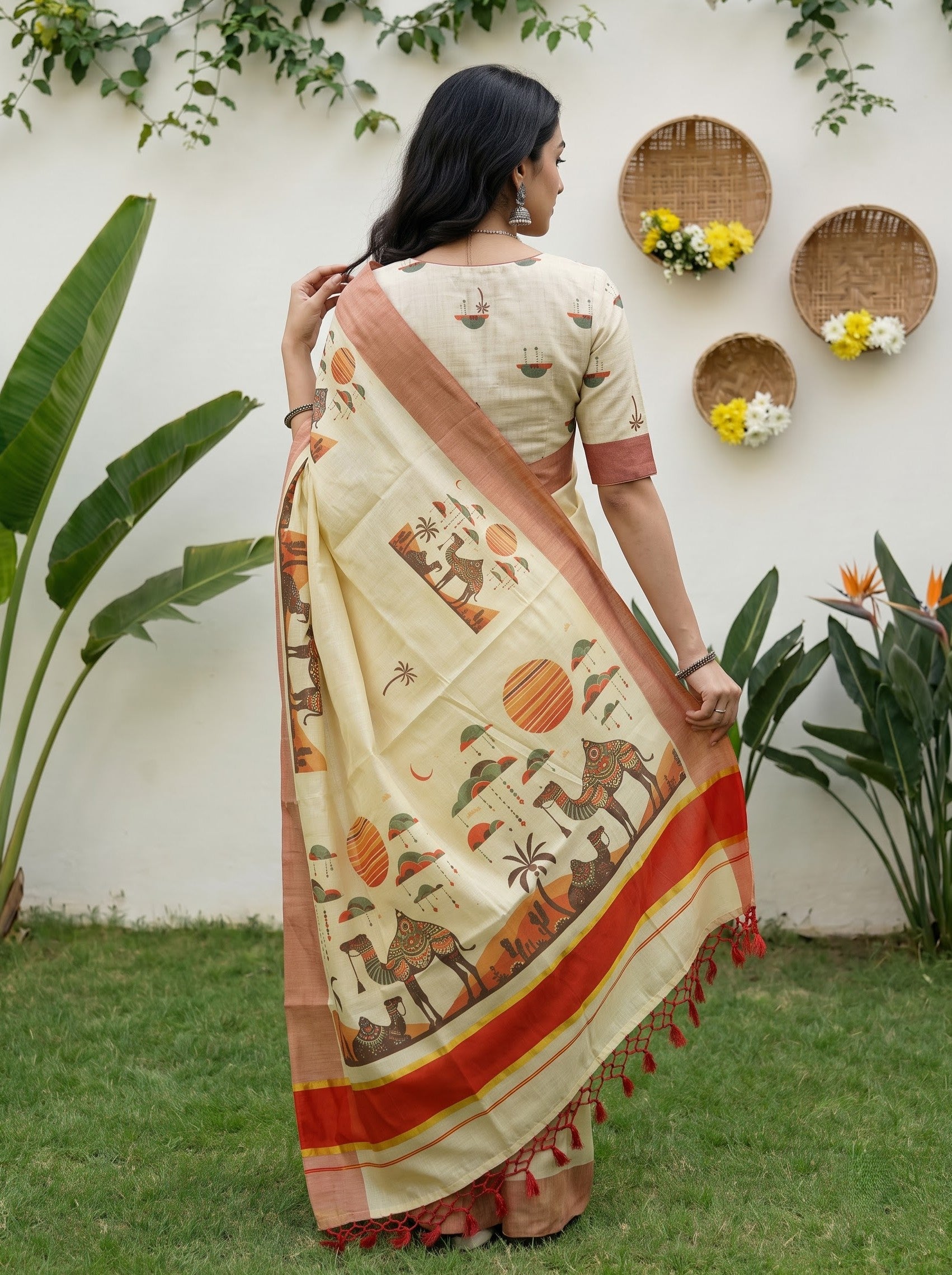Tissue Cream Multicolor Desert Camel Print Onam Special Kerala Saree