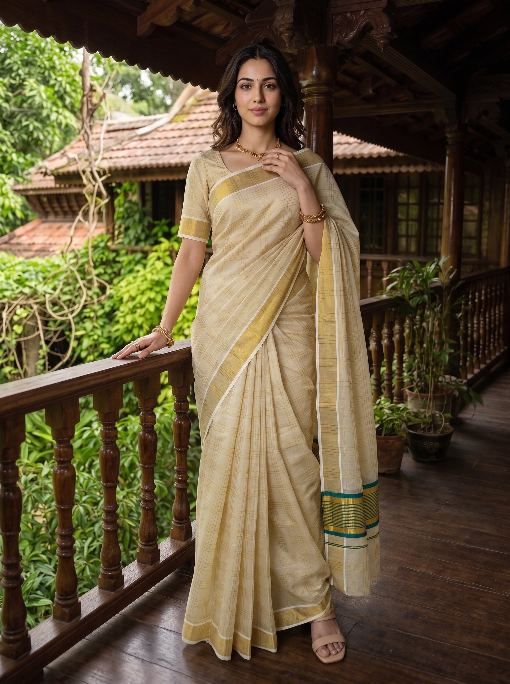 A woman wearing a beige saree with gold and green border details stands on a wooden porch with lush green garden foliage in the background.