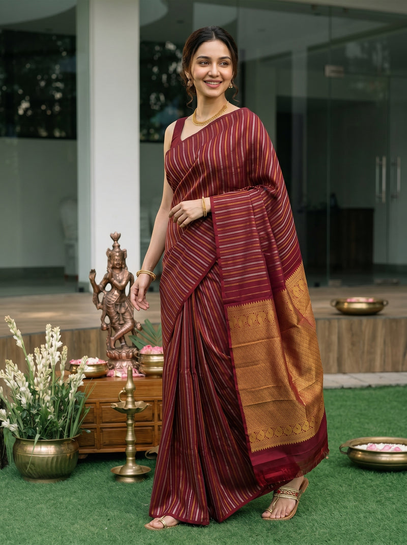 Woman in a maroon saree standing outdoors with decorative elements in the background