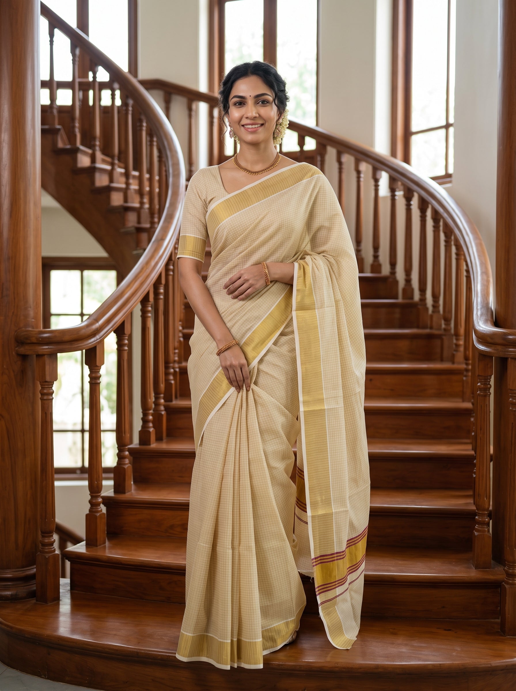 A woman wearing a cream-colored silk saree with yellow and red stripes, standing on a wooden staircase in a home interior.