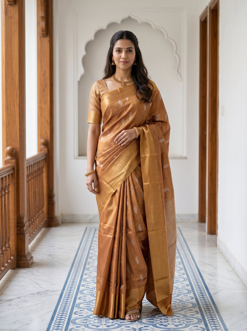 A woman wearing a metallic golden-brown silk saree with a matching short-sleeve blouse, standing in a hallway with white walls, wooden railings, and a blue patterned runner.