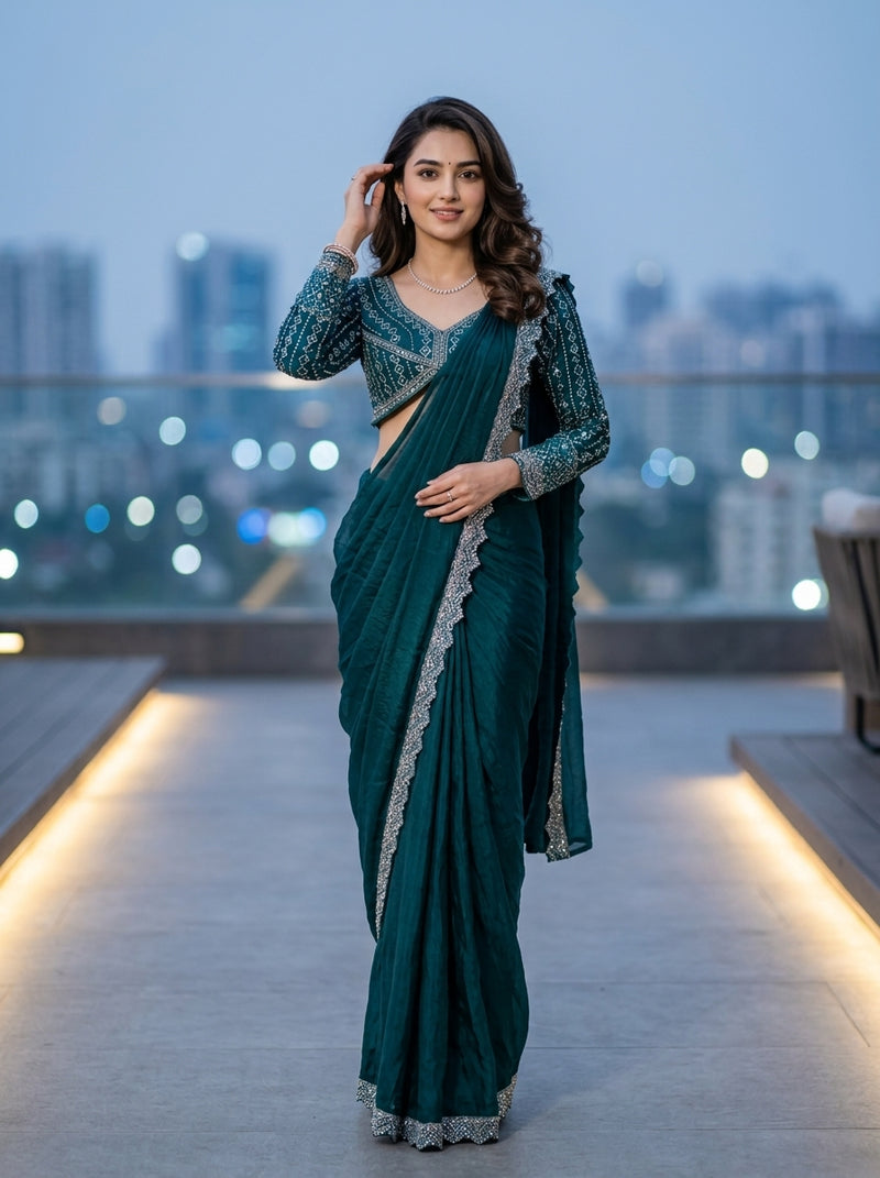 Woman in a teal saree with silver border on a rooftop at night.