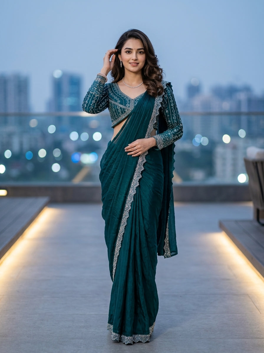 Woman in a teal saree with silver border on a rooftop at night.