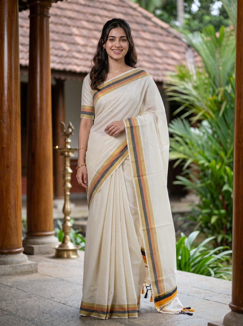 Woman in a traditional saree standing in an outdoor setting with greenery.
