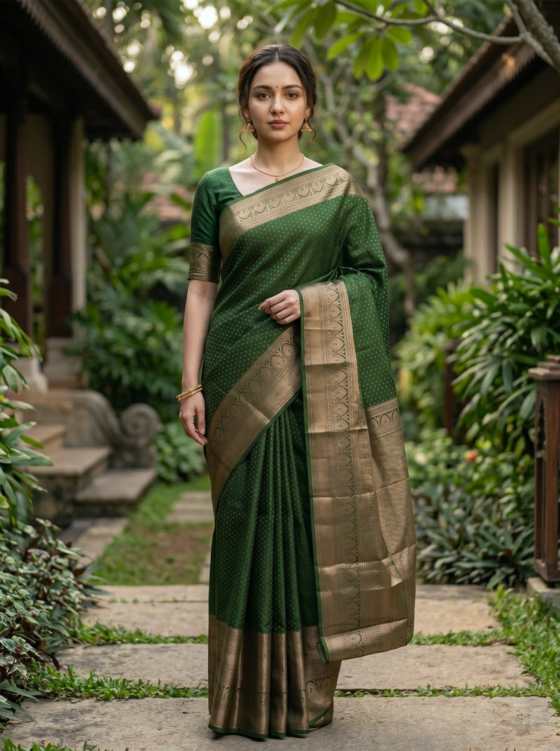 Woman wearing a green and beige saree standing in a garden setting