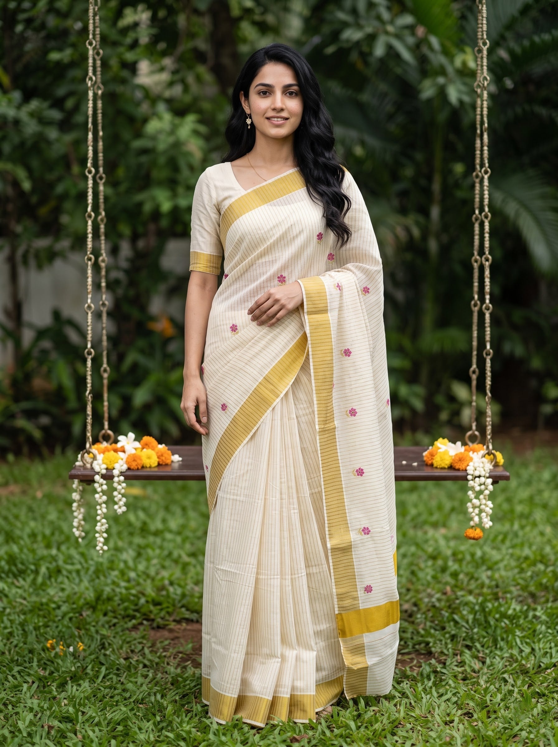 Cotton Off-White Golden Pinstripe Scattered Pink Flower Onam Special Kerala Saree with Solid Border