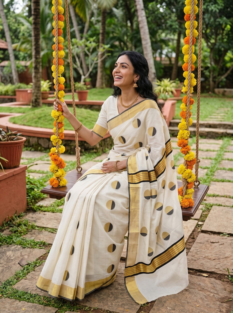 A woman wearing a cream-colored cotton saree with black and gold motifs sits on a swing decorated with yellow and orange marigold garlands in a garden setting.