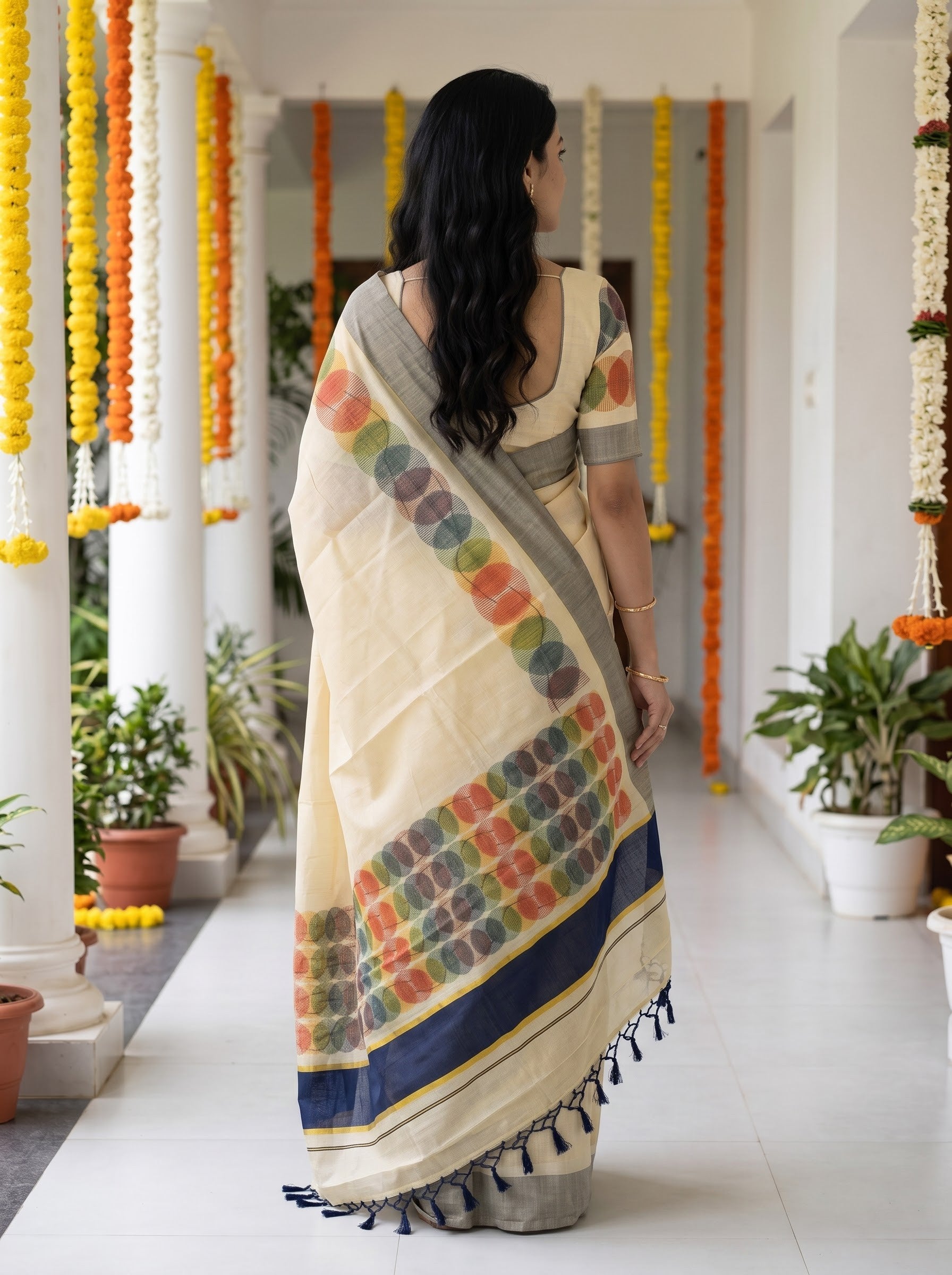 Tissue Cream Multicolor Circle Print  with Olive Border Onam Special Kerala Saree