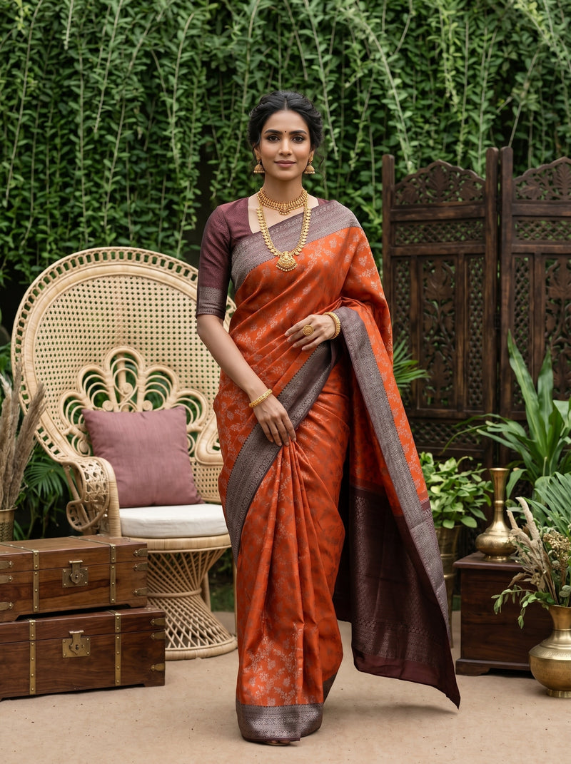 Woman in a traditional saree standing in an outdoor setting with plants and furniture.
