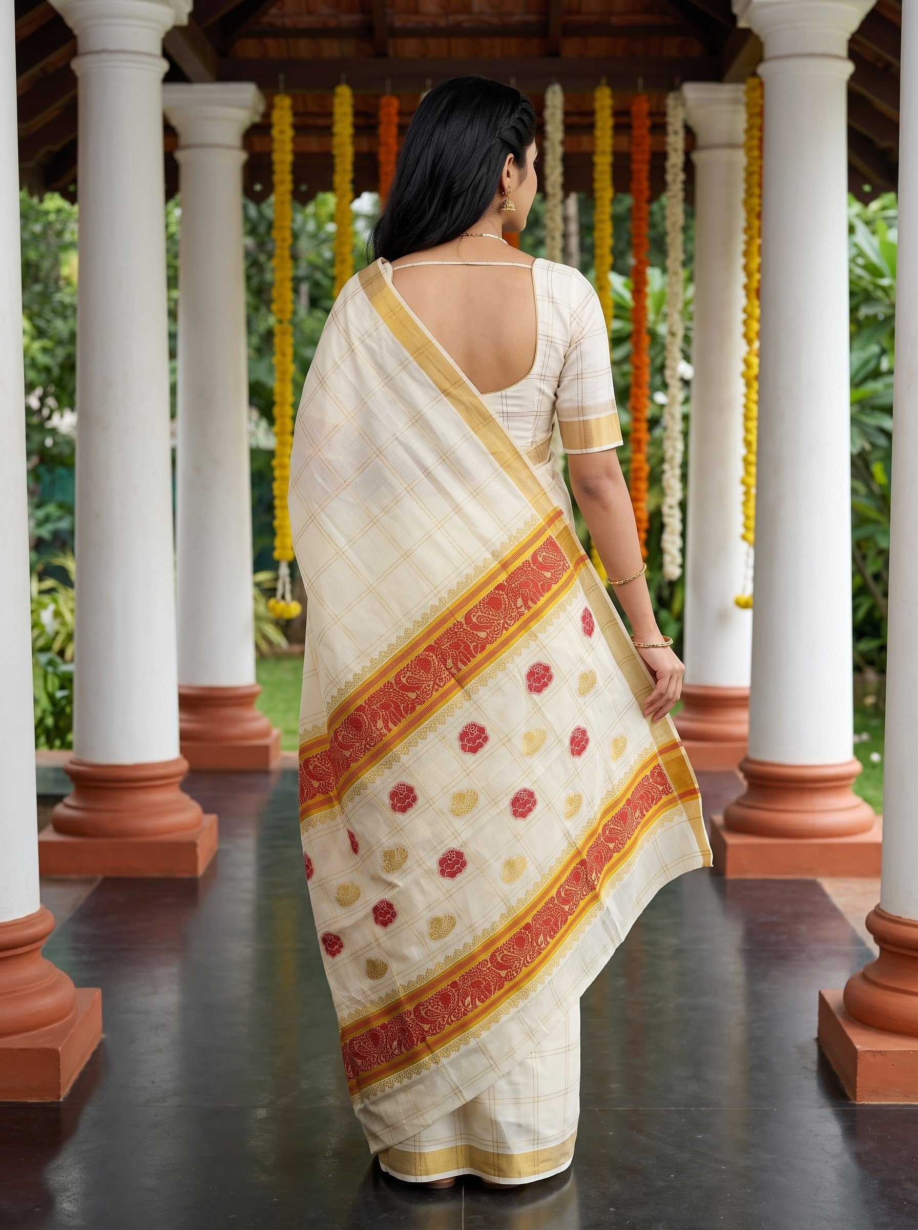Cotton Cream Checkered with Golden Border and Red Motif Pallu Onam Special Kerala Saree