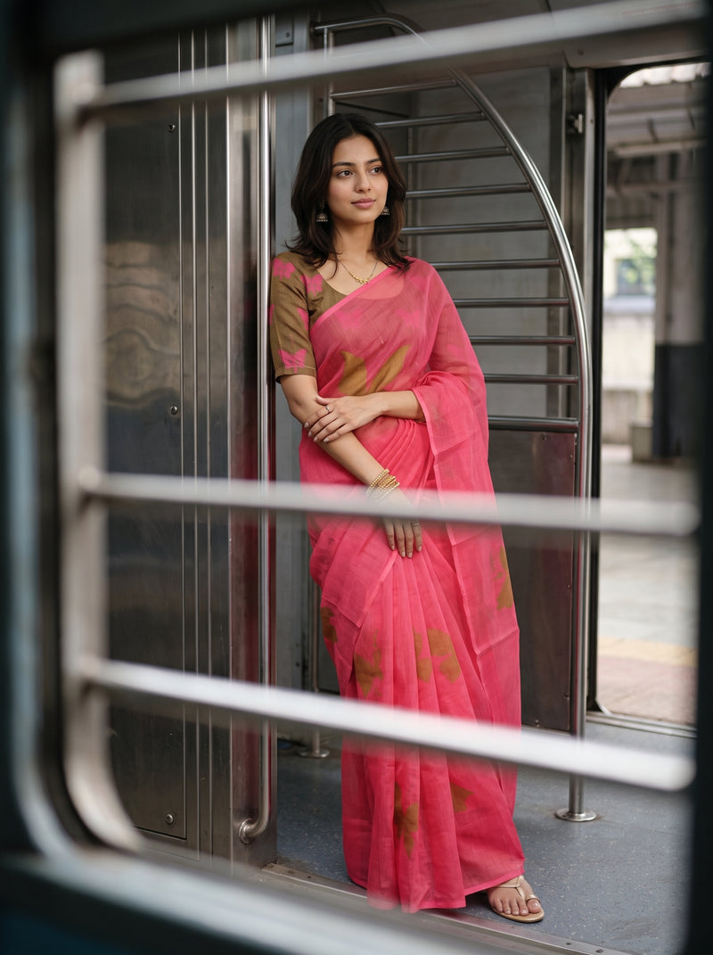 A woman wearing a pink saree with gold floral patterns and a brown sleeveless blouse, standing in a train compartment framed by a window pane.