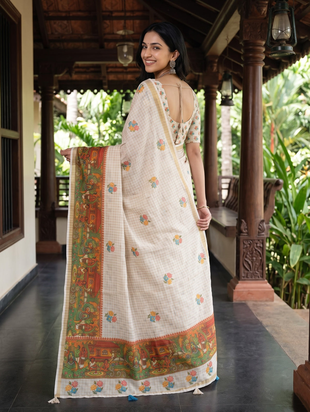 Cotton Cream Village Mural Lotus Print Kerala Saree