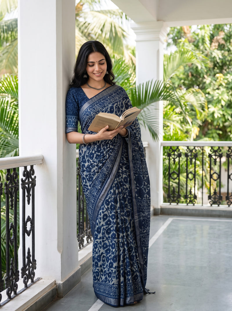 A woman wearing a navy blue and gray printed saree stands on a white-pillared balcony, holding an open book. Lush green tropical foliage is visible in the background.