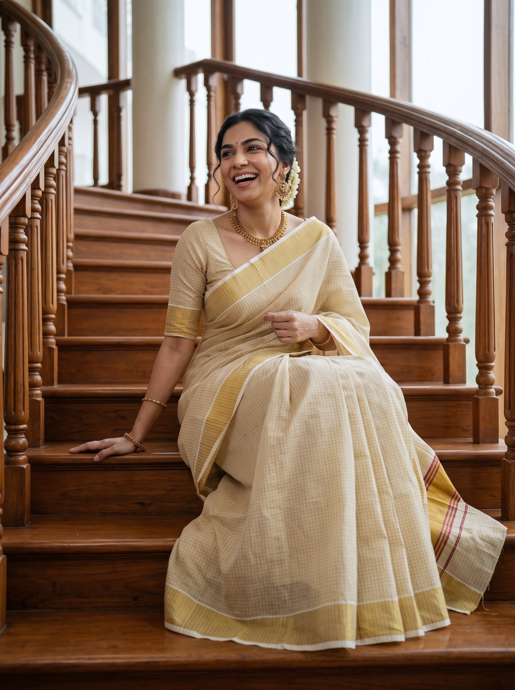 A woman wearing a light beige and yellow saree sits smiling on a wooden staircase in a grand building.
