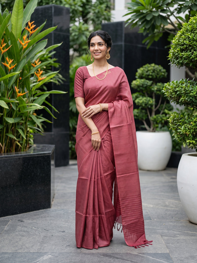 A woman wearing a dusty rose pink cotton saree with a matching blouse, standing in an outdoor garden courtyard with potted plants.