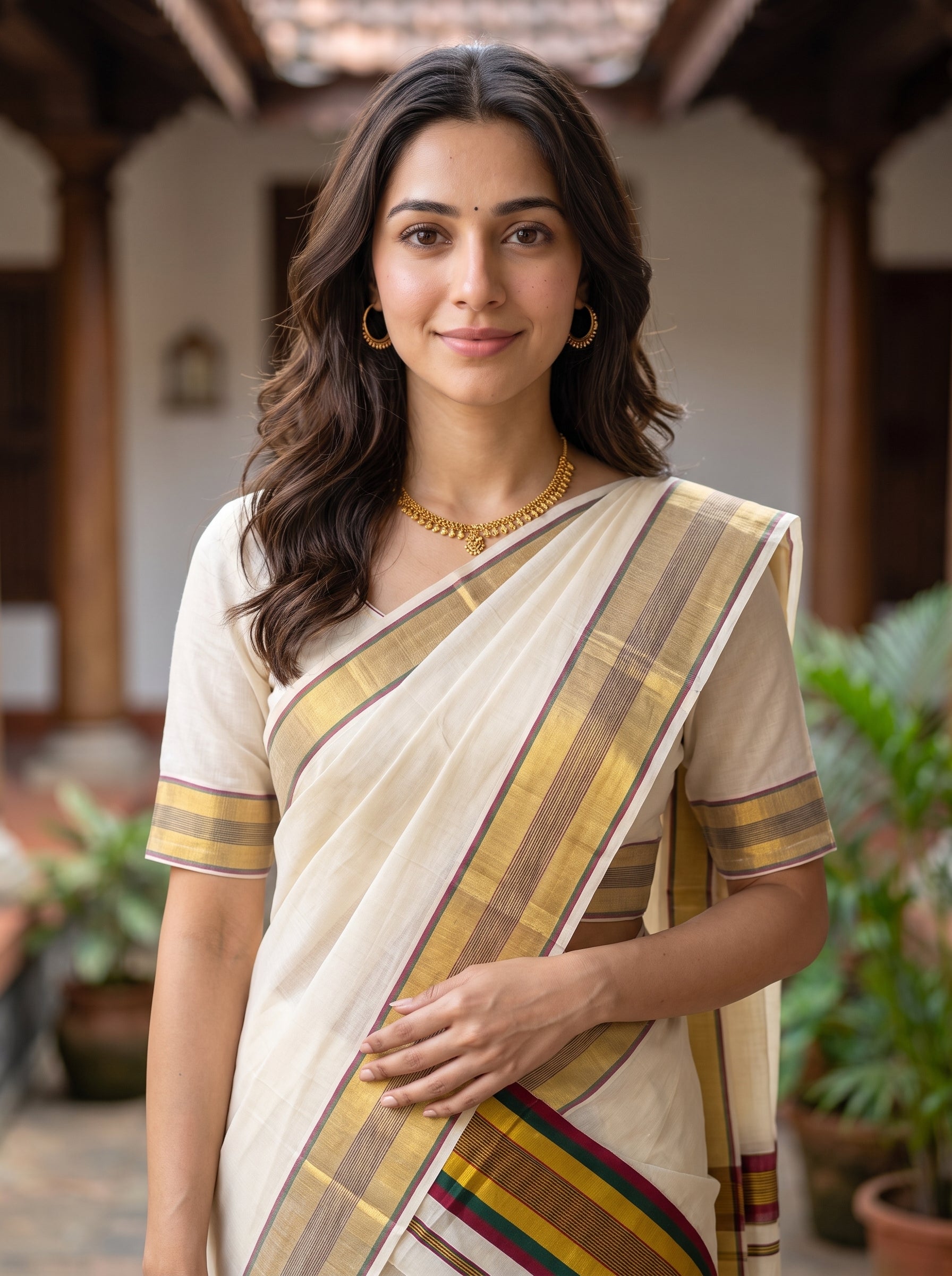 A woman wearing a traditional Indian saree with a cream base and mustard yellow, brown, and green stripes, standing in front of a blurred courtyard background.