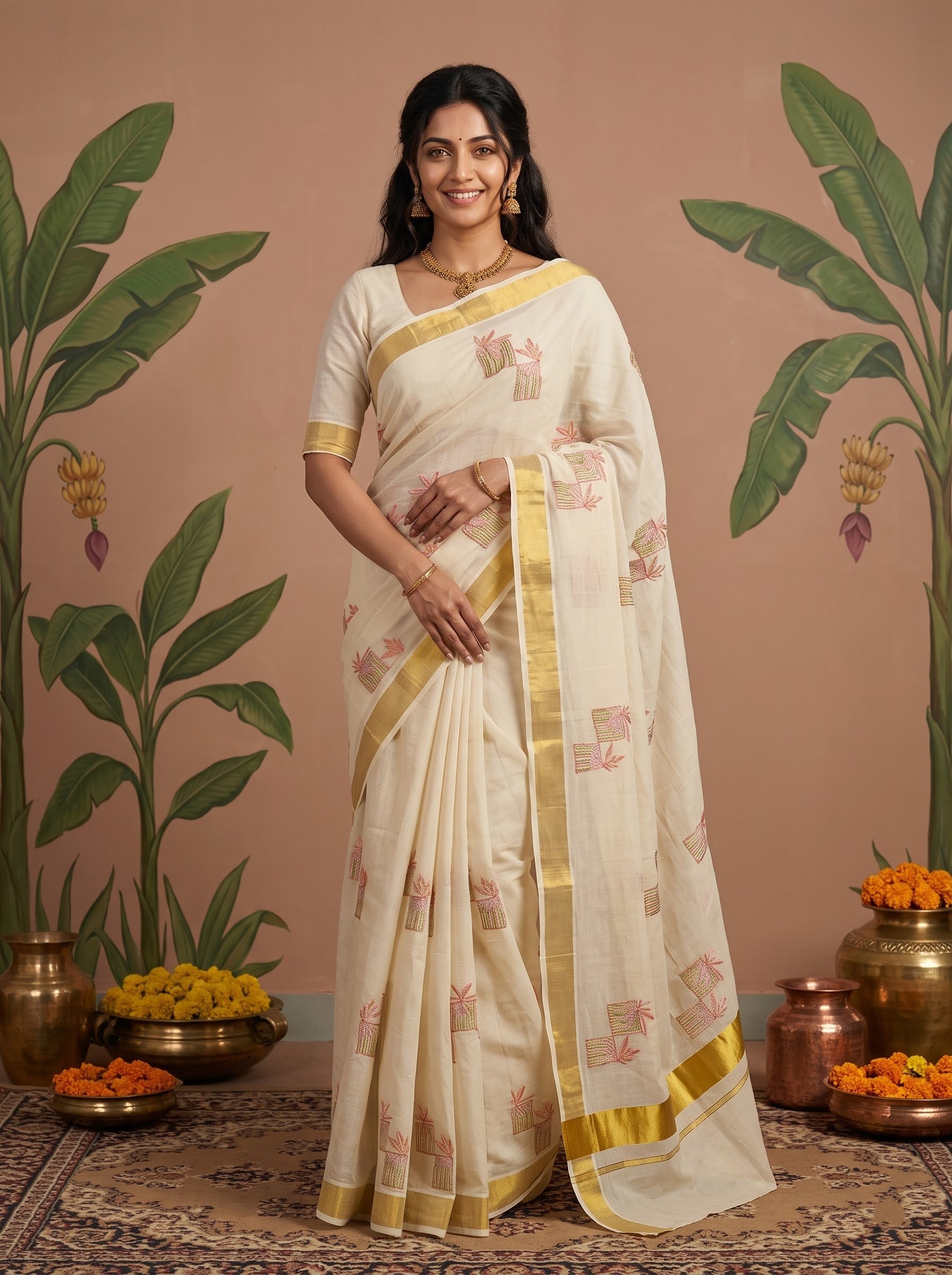 A woman models a cream-colored cotton saree with pink floral prints and gold borders, paired with a matching cream blouse. She is standing in front of a warm brown backdrop decorated with large green plant illustrations and copper pots containing orange flowers.
