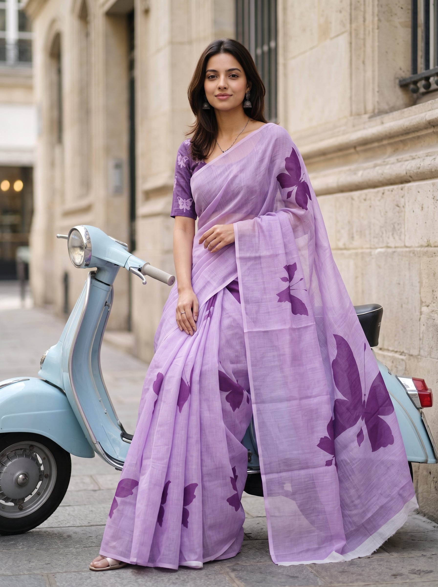 A woman wearing a lavender purple saree with dark purple butterfly prints stands next to a light blue vintage scooter in front of a beige stone building.