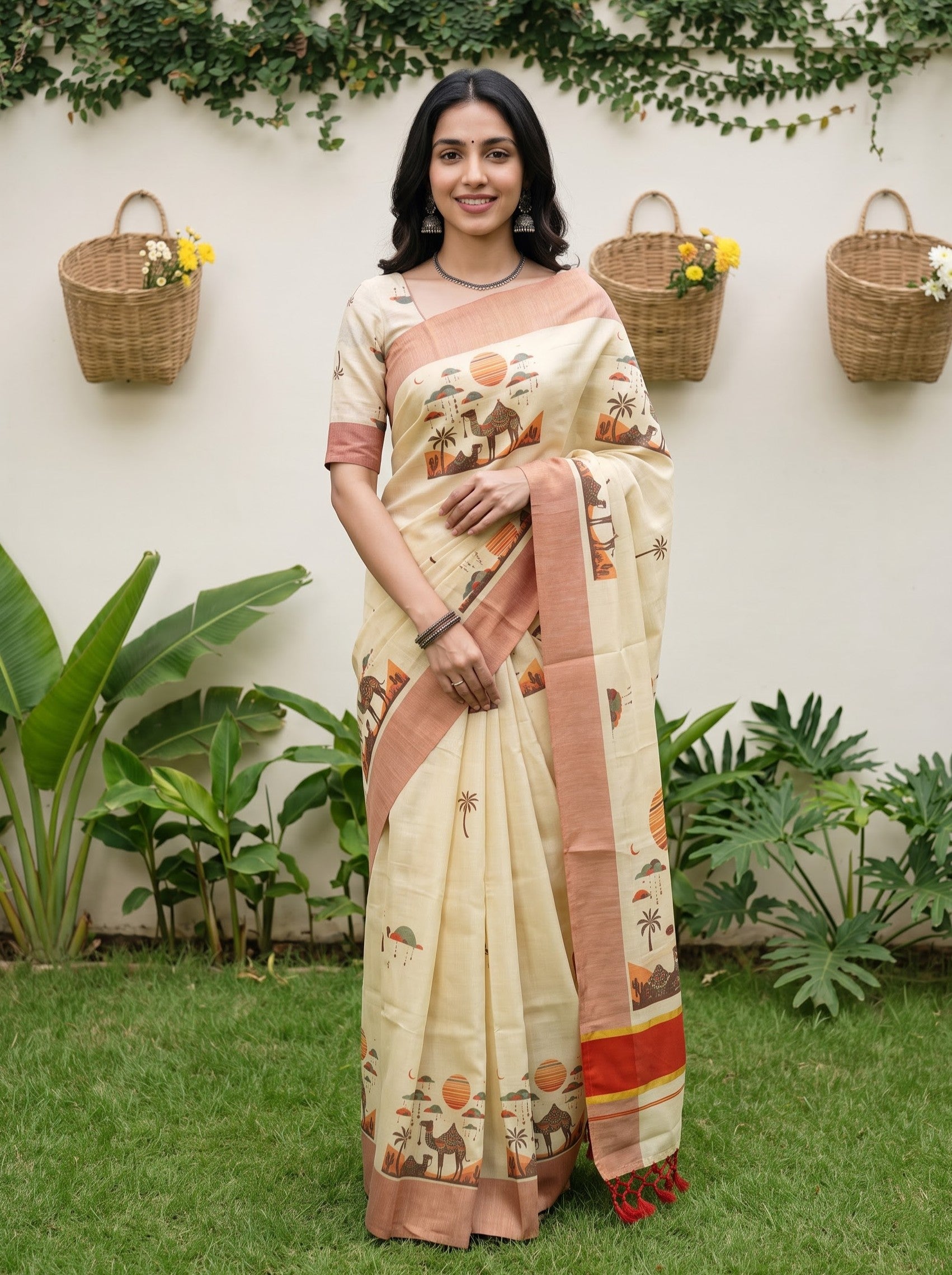 Tissue Cream Multicolor Desert Camel Print Onam Special Kerala Saree