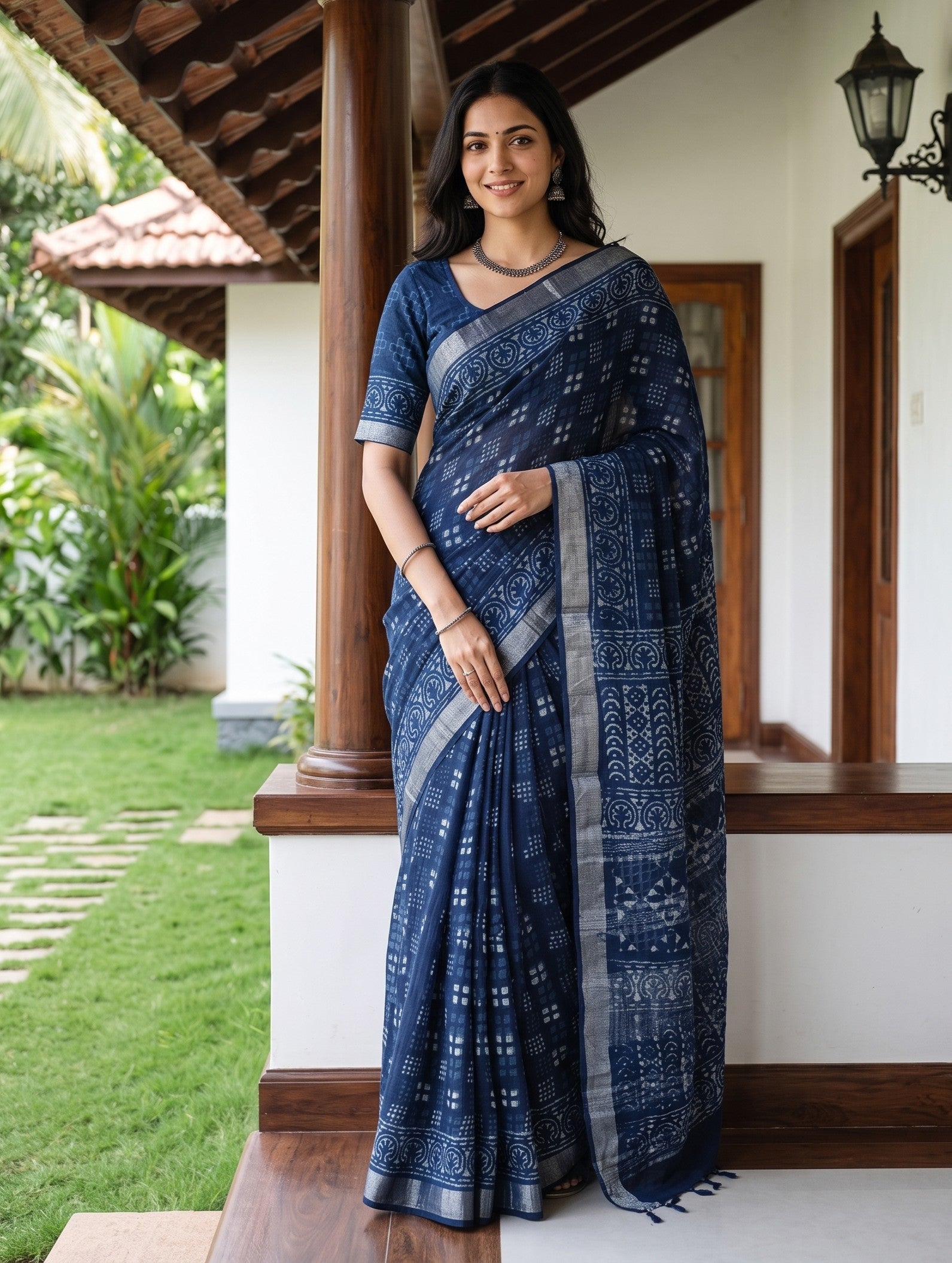 A woman wearing a navy blue and gray patterned sari stands on a porch with a garden visible in the background.