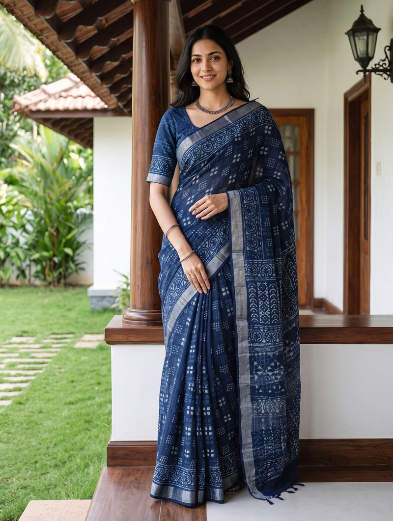 A woman wearing a navy blue and gray patterned sari stands on a porch with a garden visible in the background.