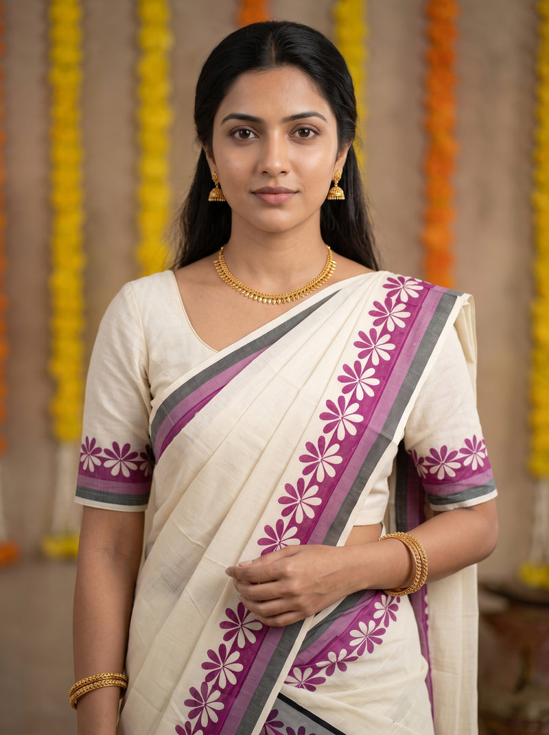 A woman wearing a cream-colored sari with purple and gray floral border patterns, paired with a matching cream blouse and gold jewelry, set against a warm background with hanging marigold garlands.