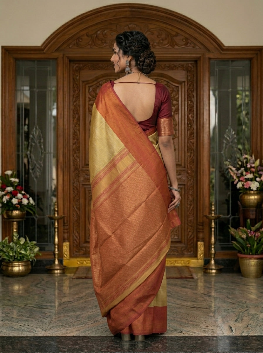 Semi Silk Gold Saree with Coral Pink Border