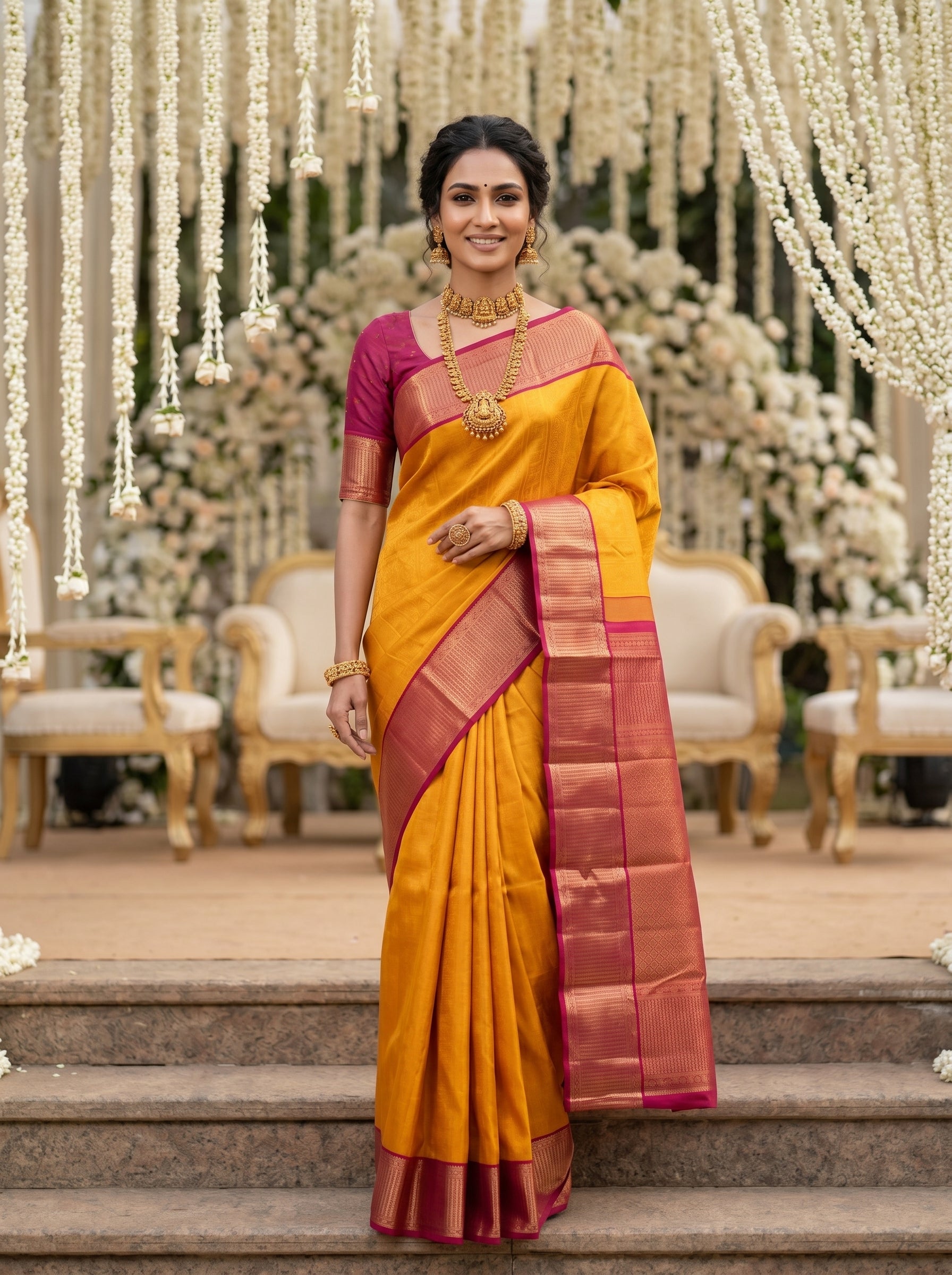 Woman in a yellow saree with a pink border standing on steps with decorative background