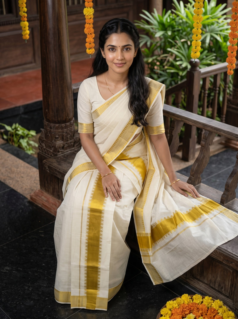 A woman wearing a cream-colored cotton saree with a golden-yellow border and pallu, seated on a wooden bench in a traditional courtyard setting.