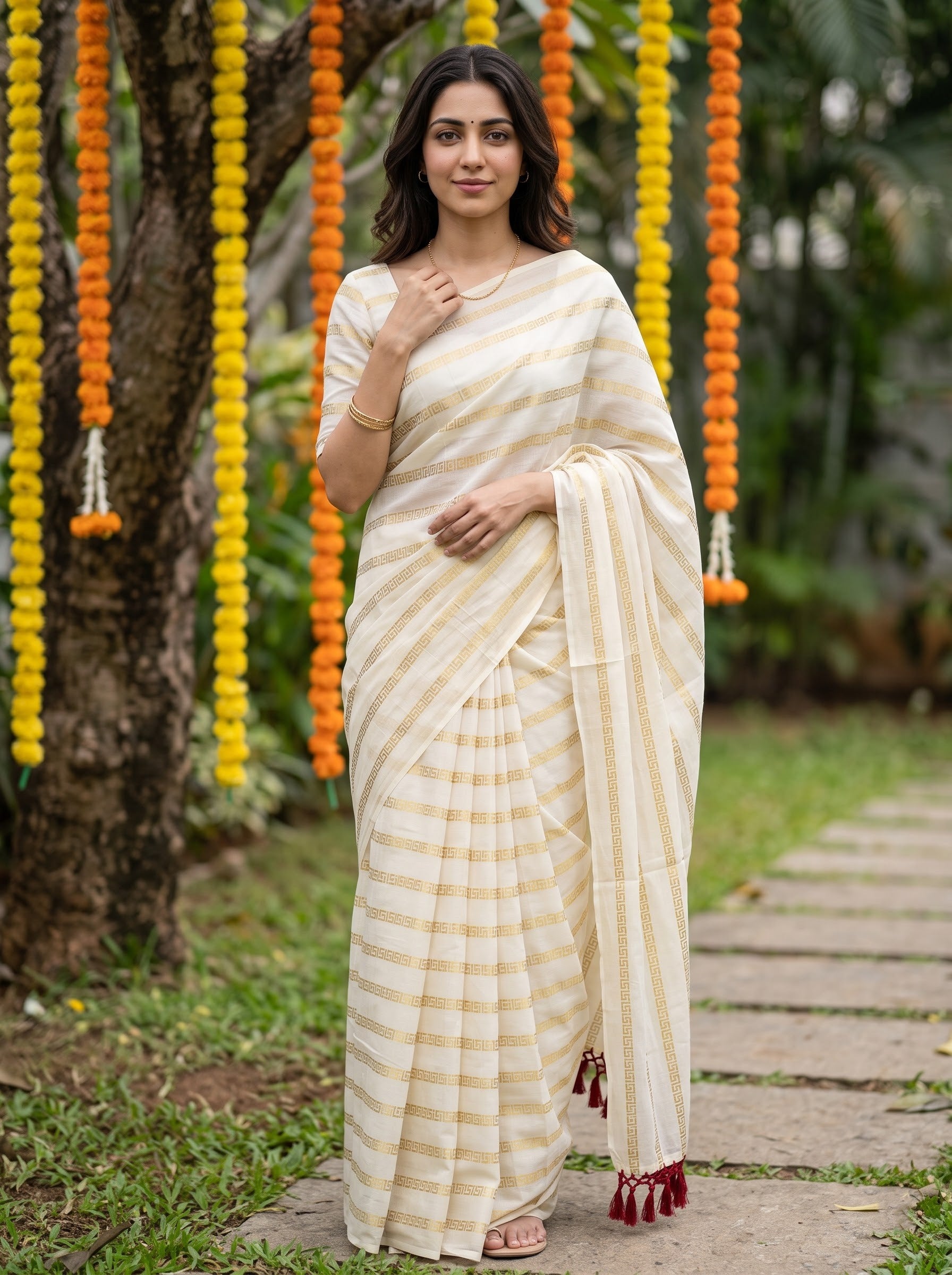Cotton Cream Golden Greek Key Stripe with Tasseled Pallu Onam Special Kerala Saree
