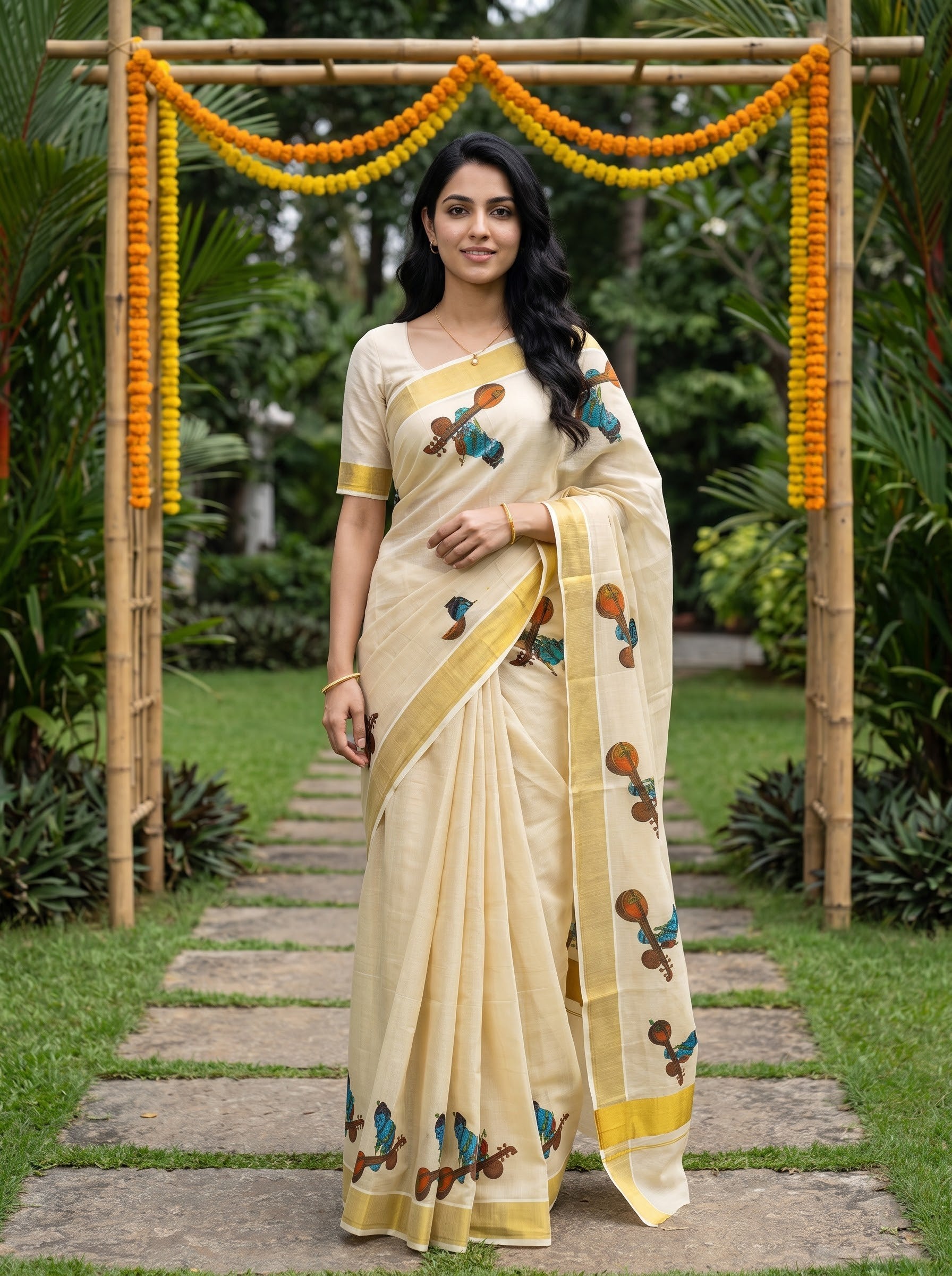 A woman wearing a cream-colored cotton saree with yellow borders and brown and blue floral motifs, standing on a stone path in a garden under a bamboo arch decorated with yellow marigold garlands.
