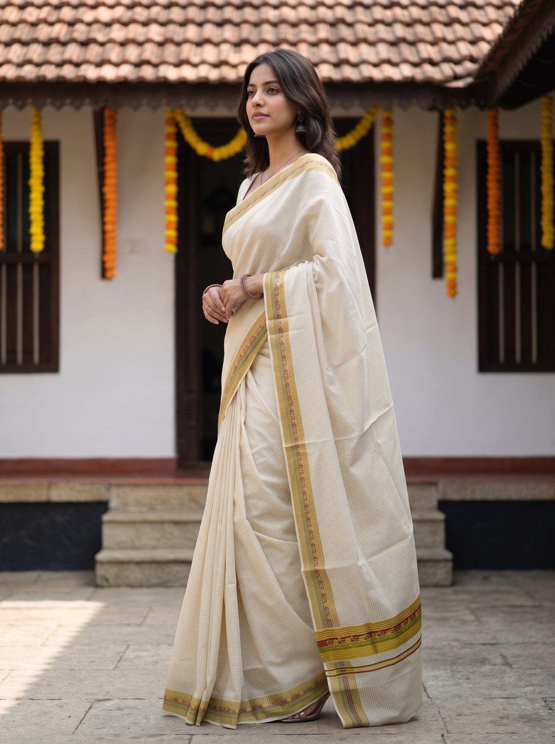 A woman wearing a cream-colored cotton saree with a gold border, standing in front of a traditional house with a tiled roof and marigold garlands.