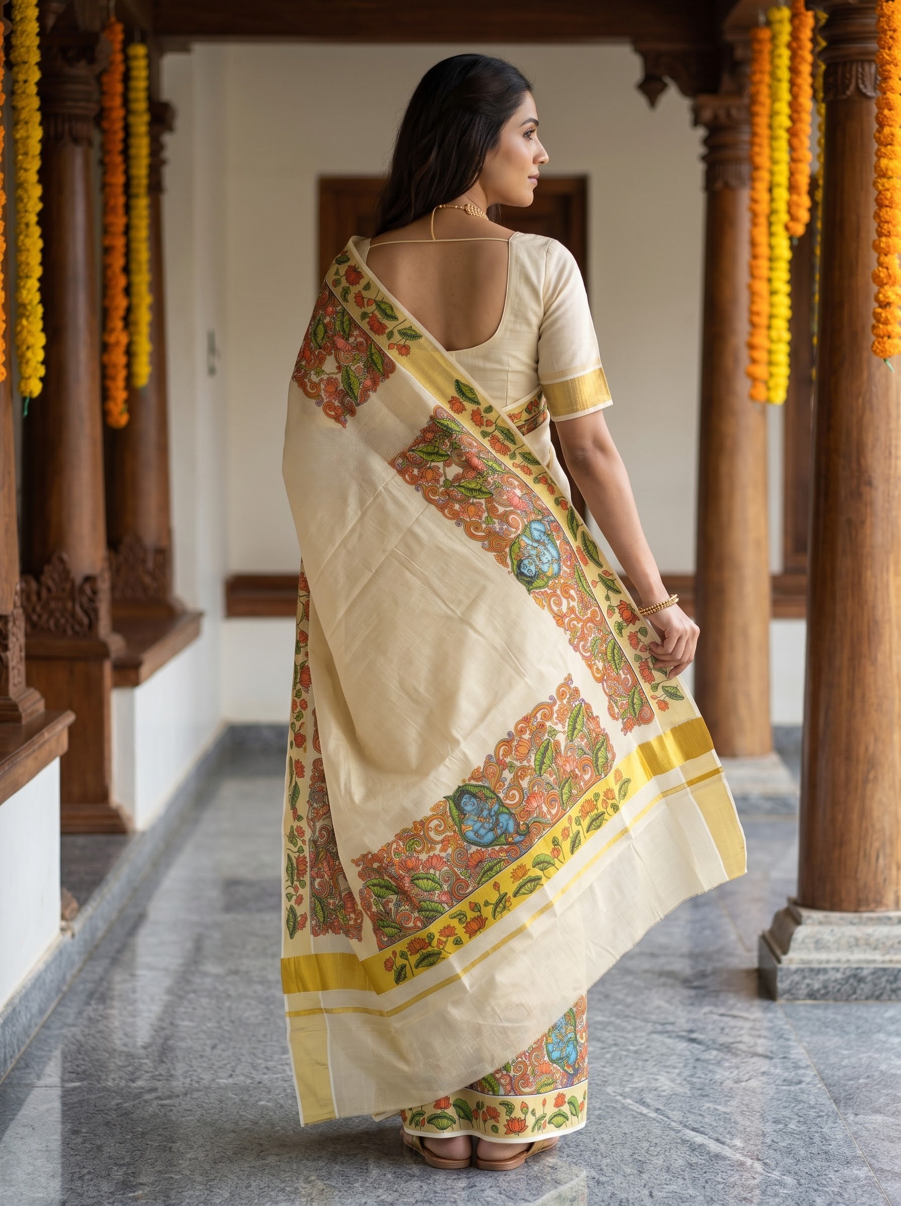 Tissue Cream Krishna Mural Print With Golden Border Onam Special Kerala Saree