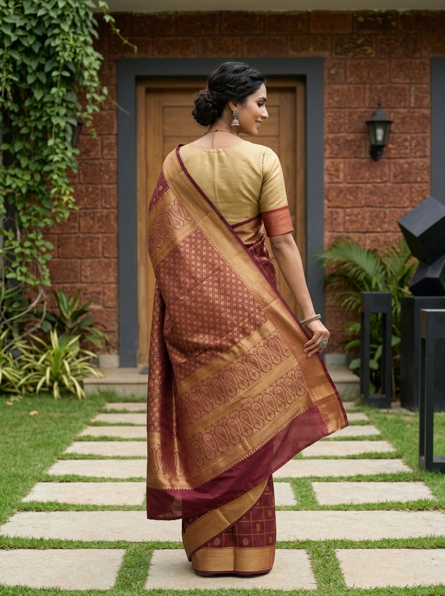 Semi Silk Maroon Gold Zari Check Saree with Temple Border