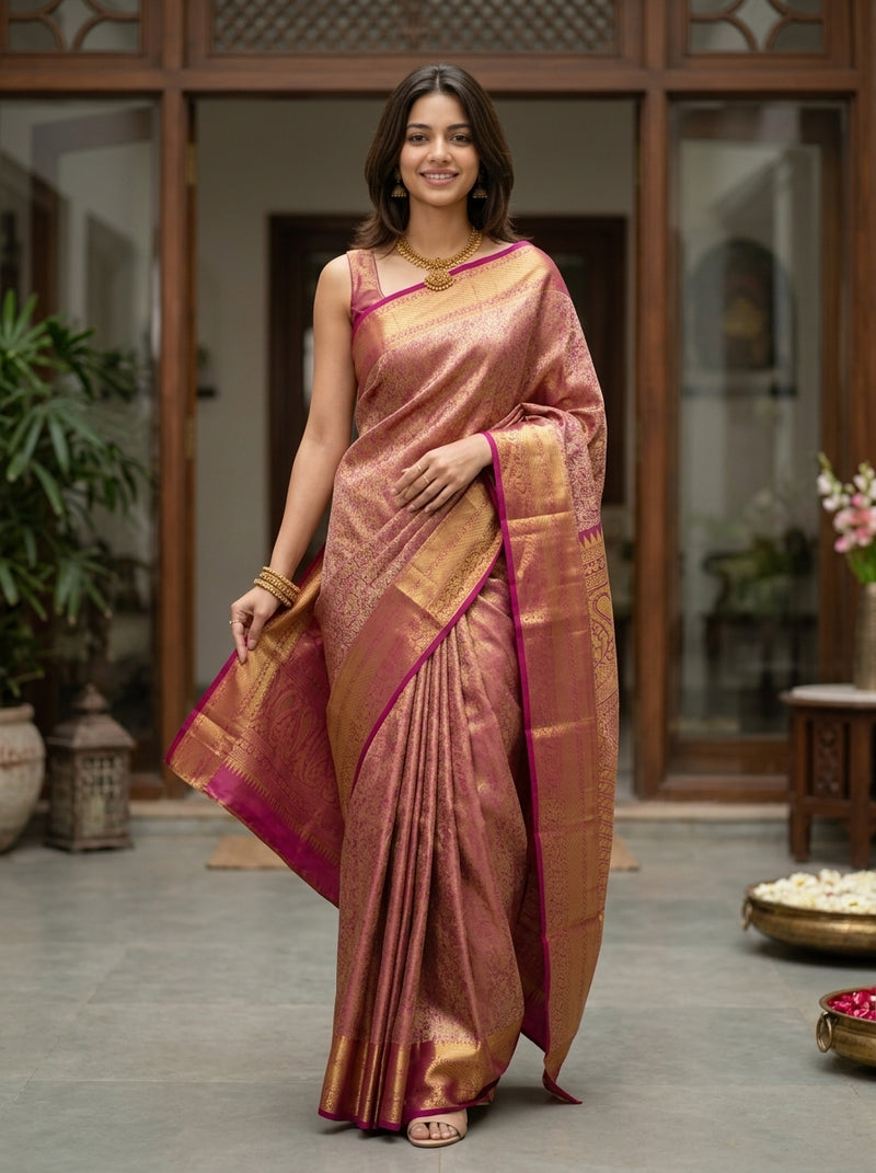 Woman in a traditional saree standing in an indoor setting with wooden decor.