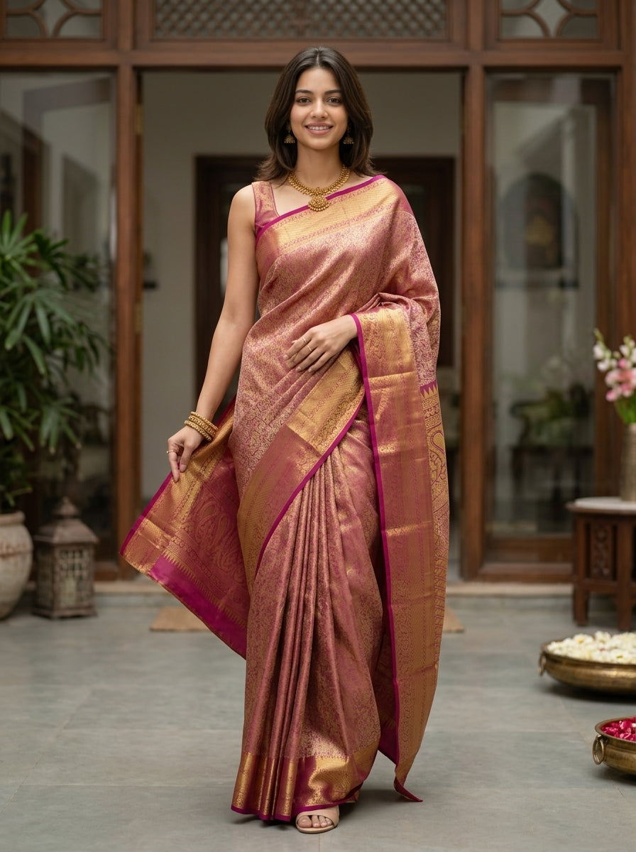 Woman in a traditional saree standing in an indoor setting with wooden decor.
