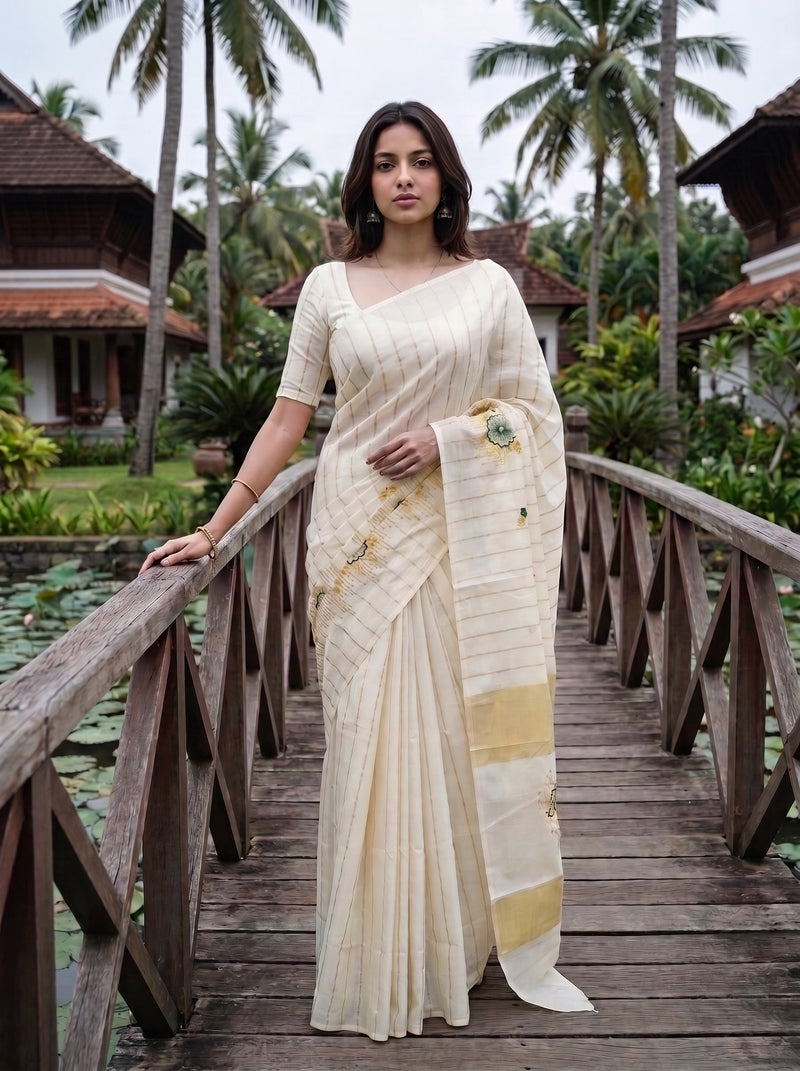A woman wearing a cream-colored cotton saree with subtle stripes and a gold border stands on a wooden bridge in a tropical resort setting with palm trees and traditional houses.