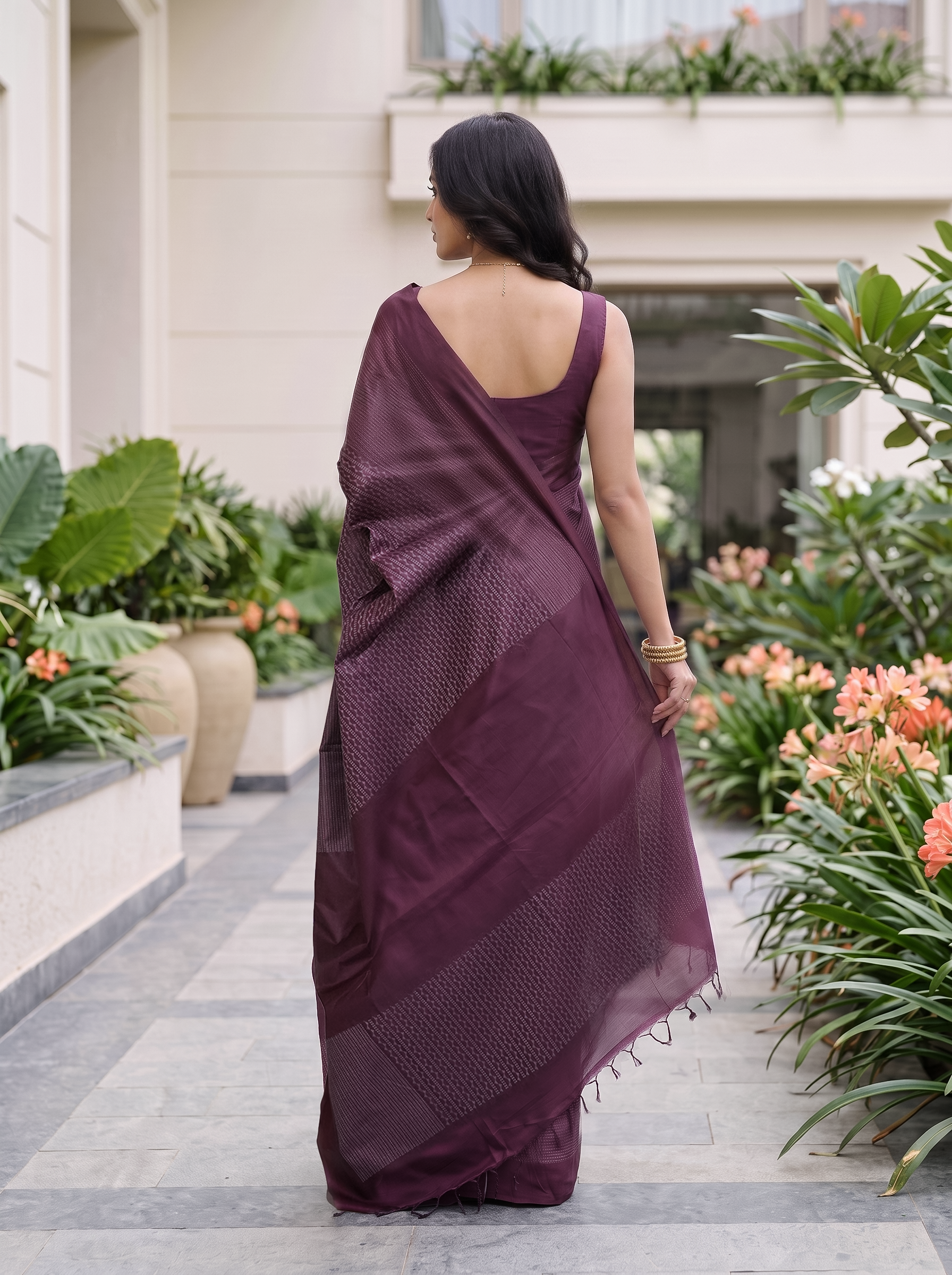 Tussar Wine Purple Tribal Print Saree with Solid Border