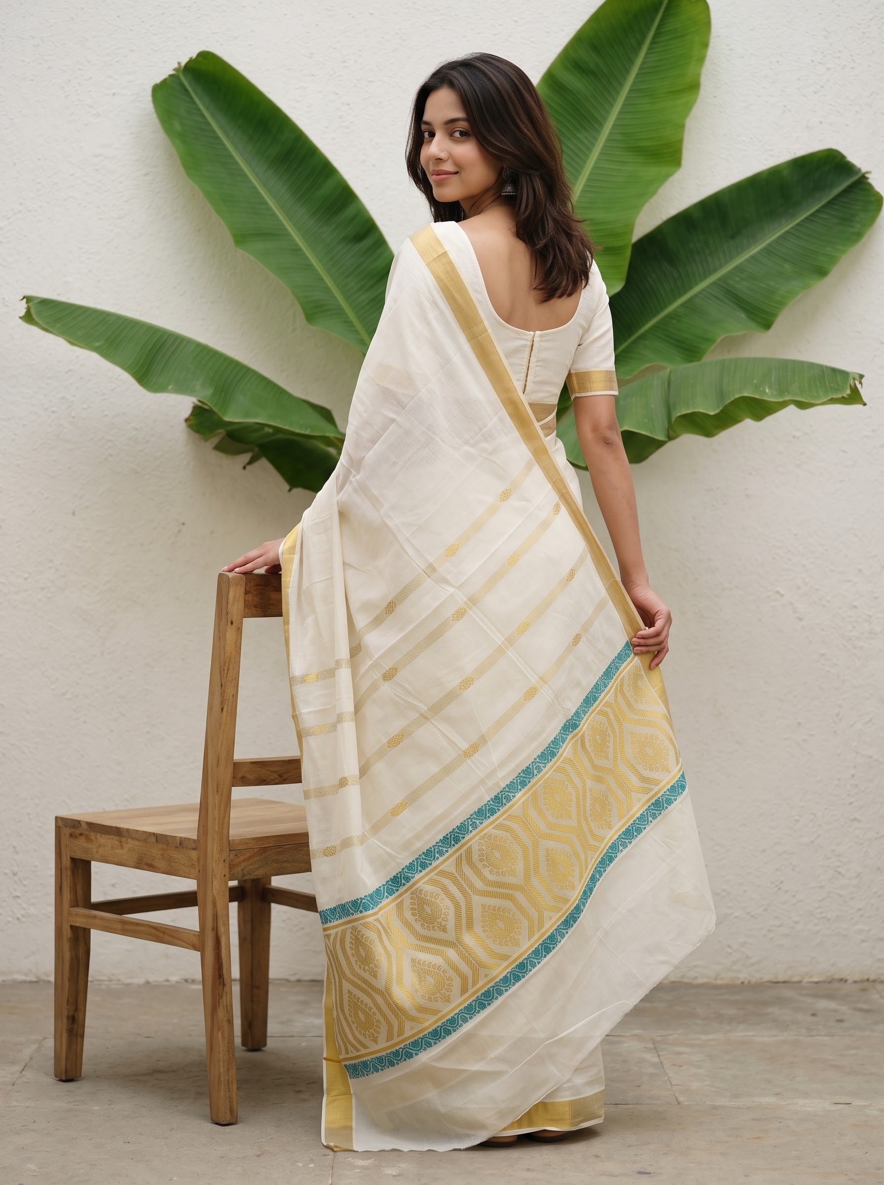Cotton Off-White Gold Blue Woven Pallu With Golden Border Onam Special Kerala Saree