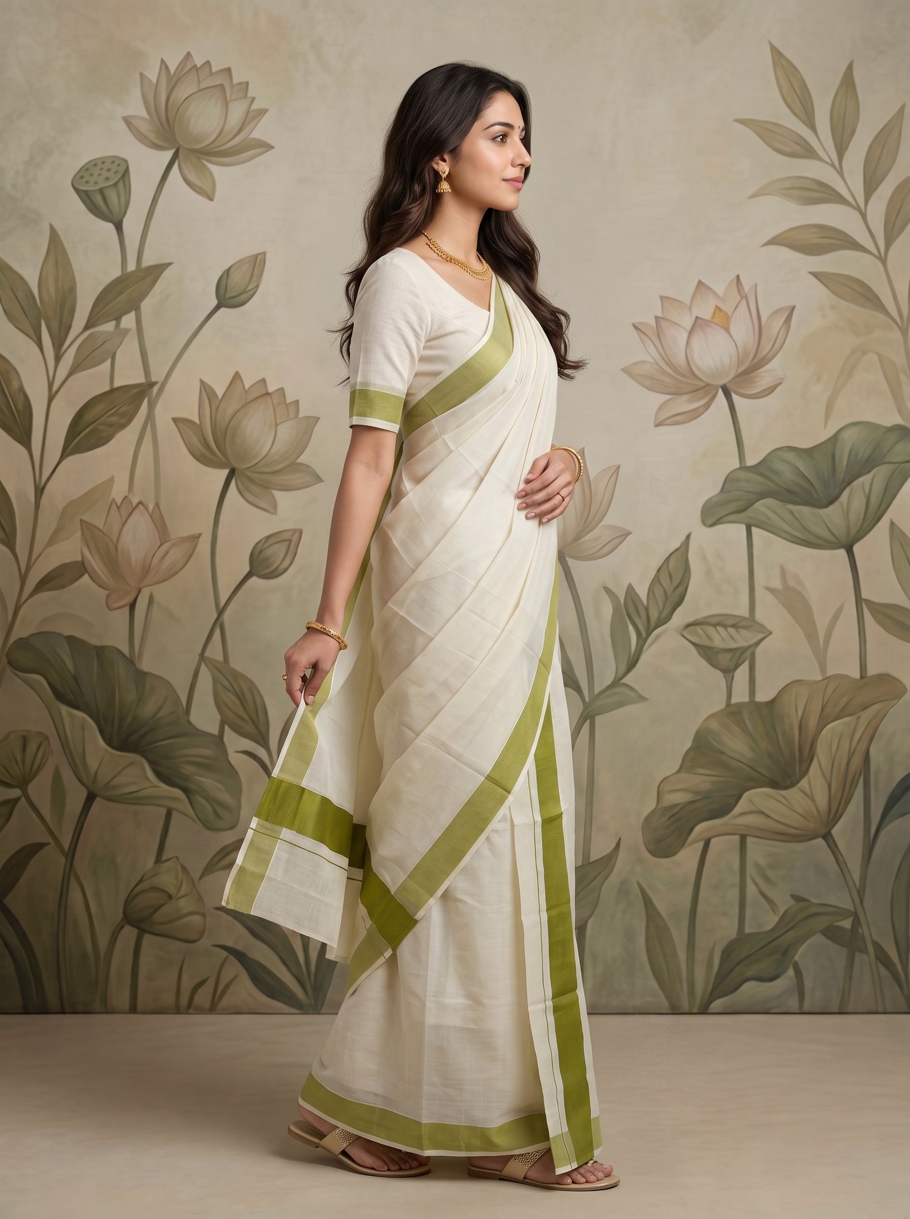 A woman modeling a white saree with olive green borders and a matching green-trimmed blouse, standing in front of a beige floral wall mural.