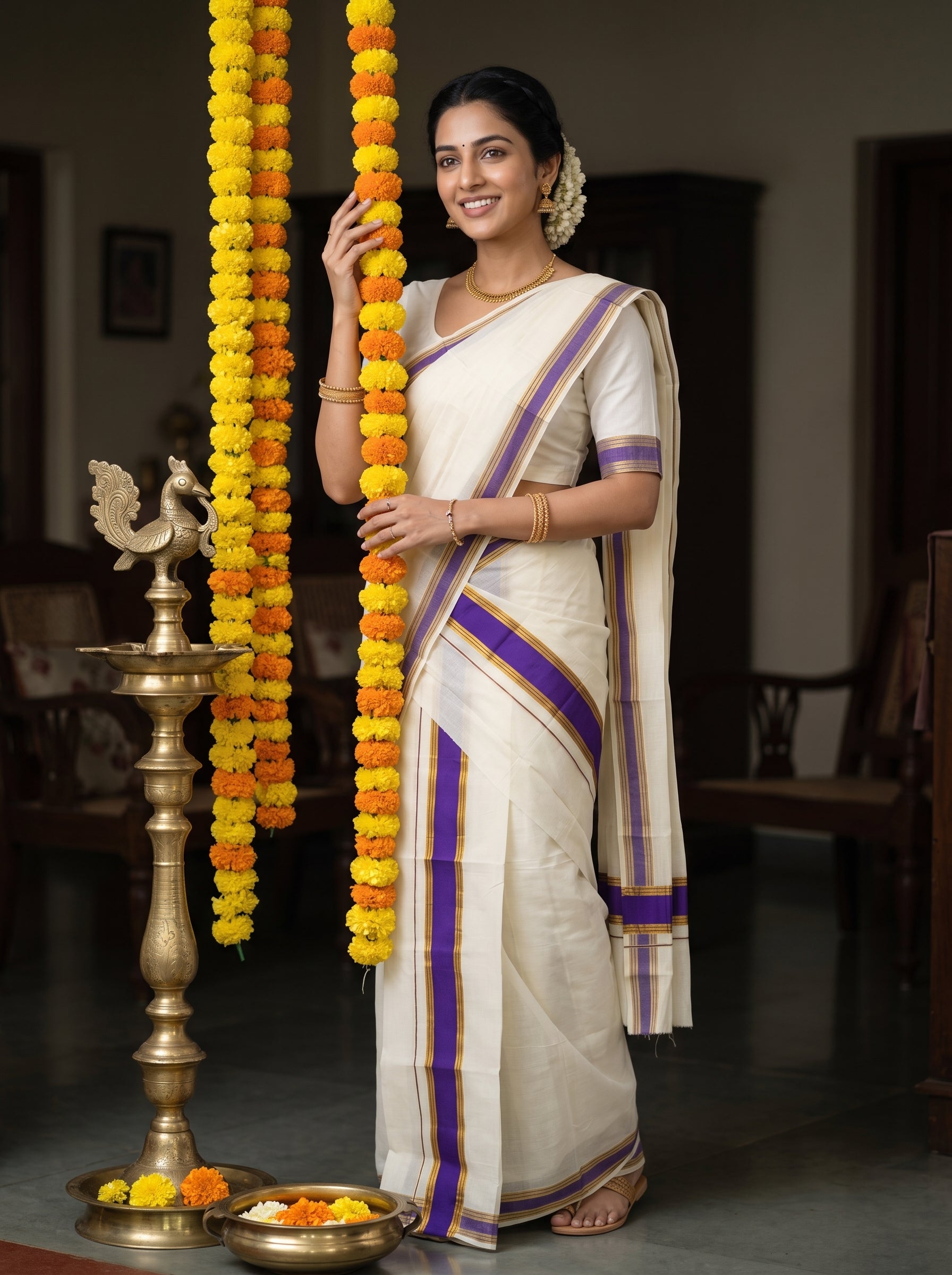 A woman wearing a white saree with purple and gold stripes stands indoors beside two tall garlands of yellow and orange marigold flowers, with a brass lamp on the floor.