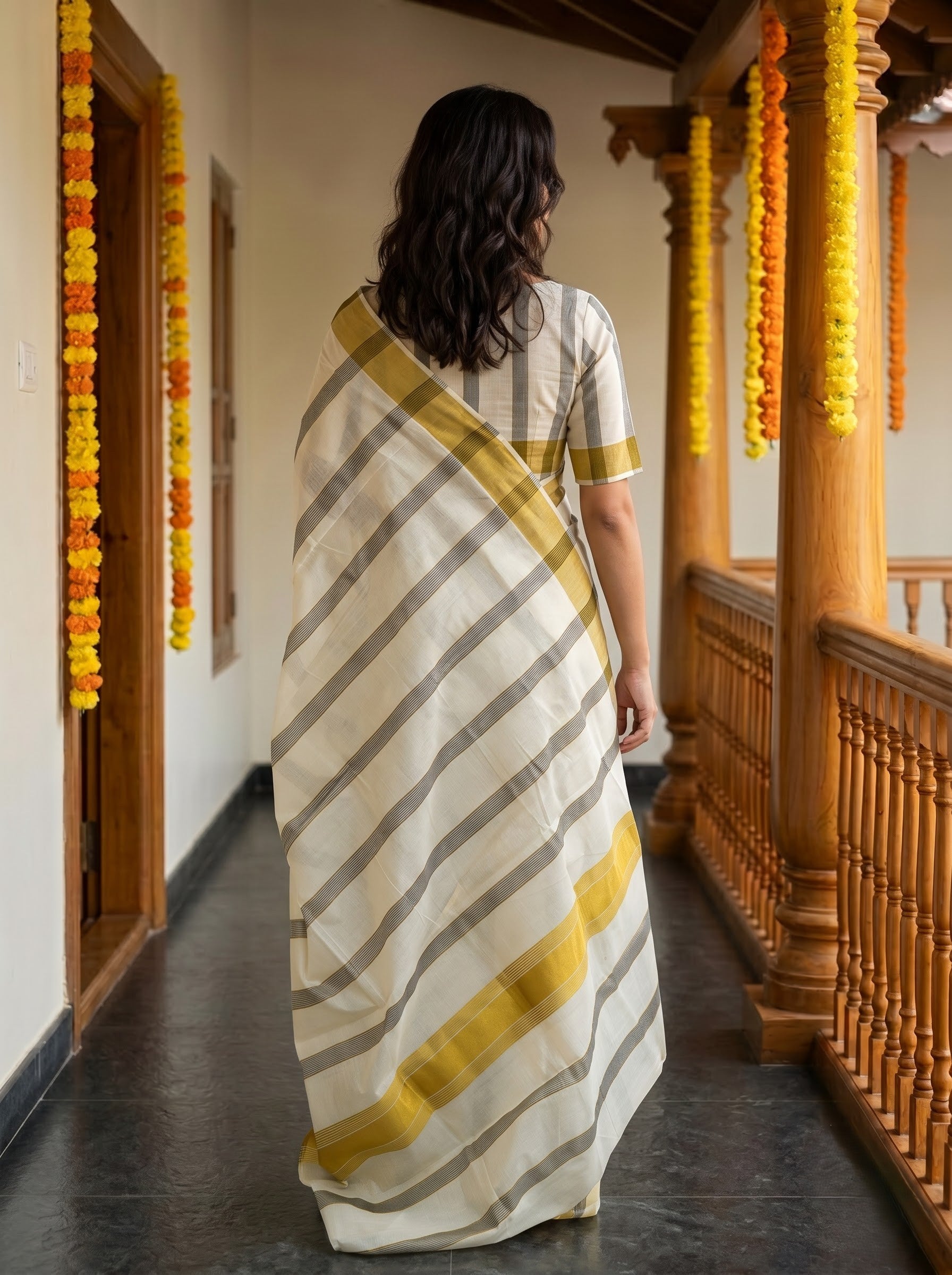 Cotton Cream Golden Black Striped with Checked Border Onam Special Kerala  Saree