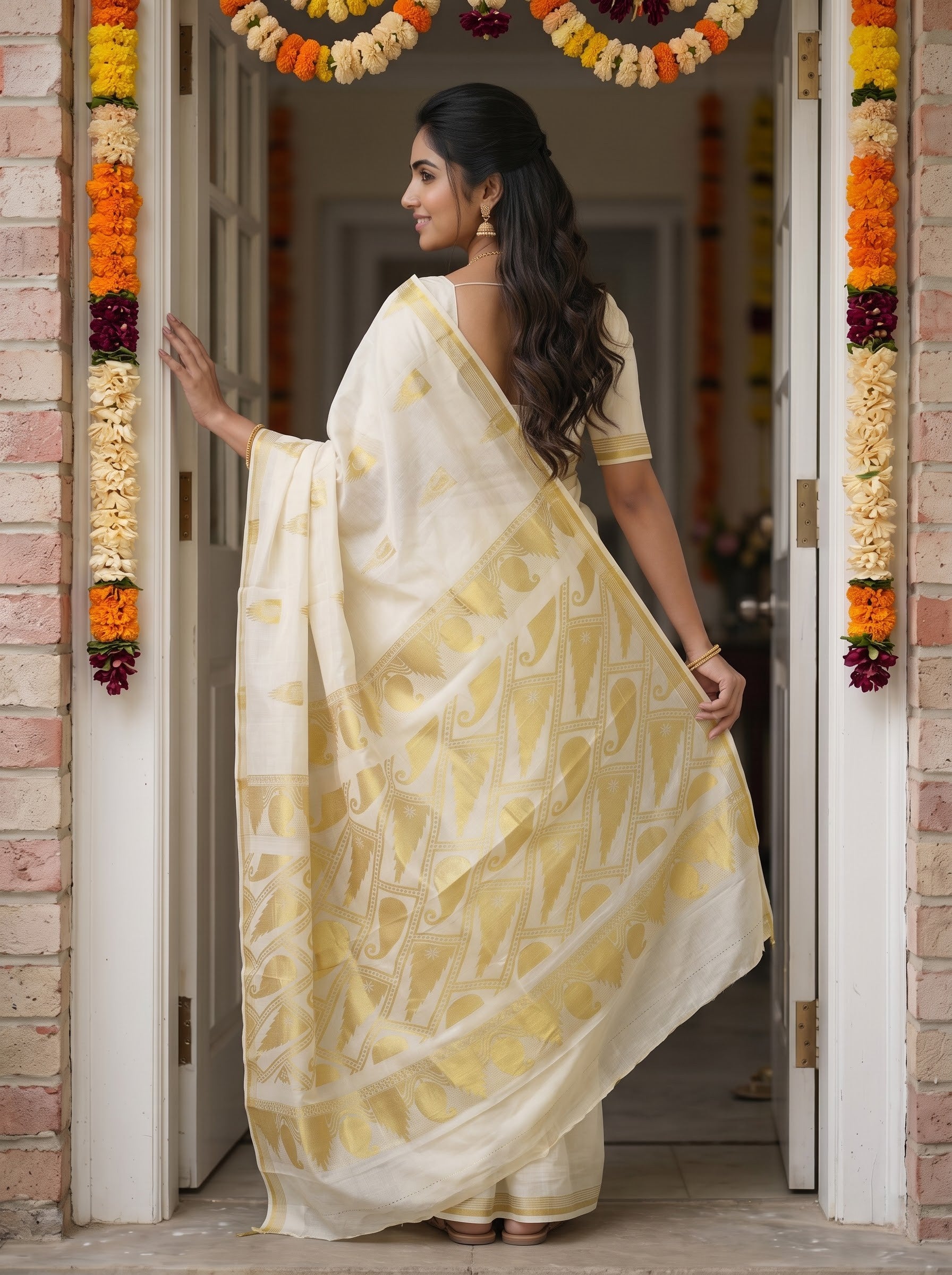 A woman wearing a cream and yellow printed saree stands in a doorway decorated with flower garlands. She is shown from the back and side, holding out the saree to display its pattern and drape.