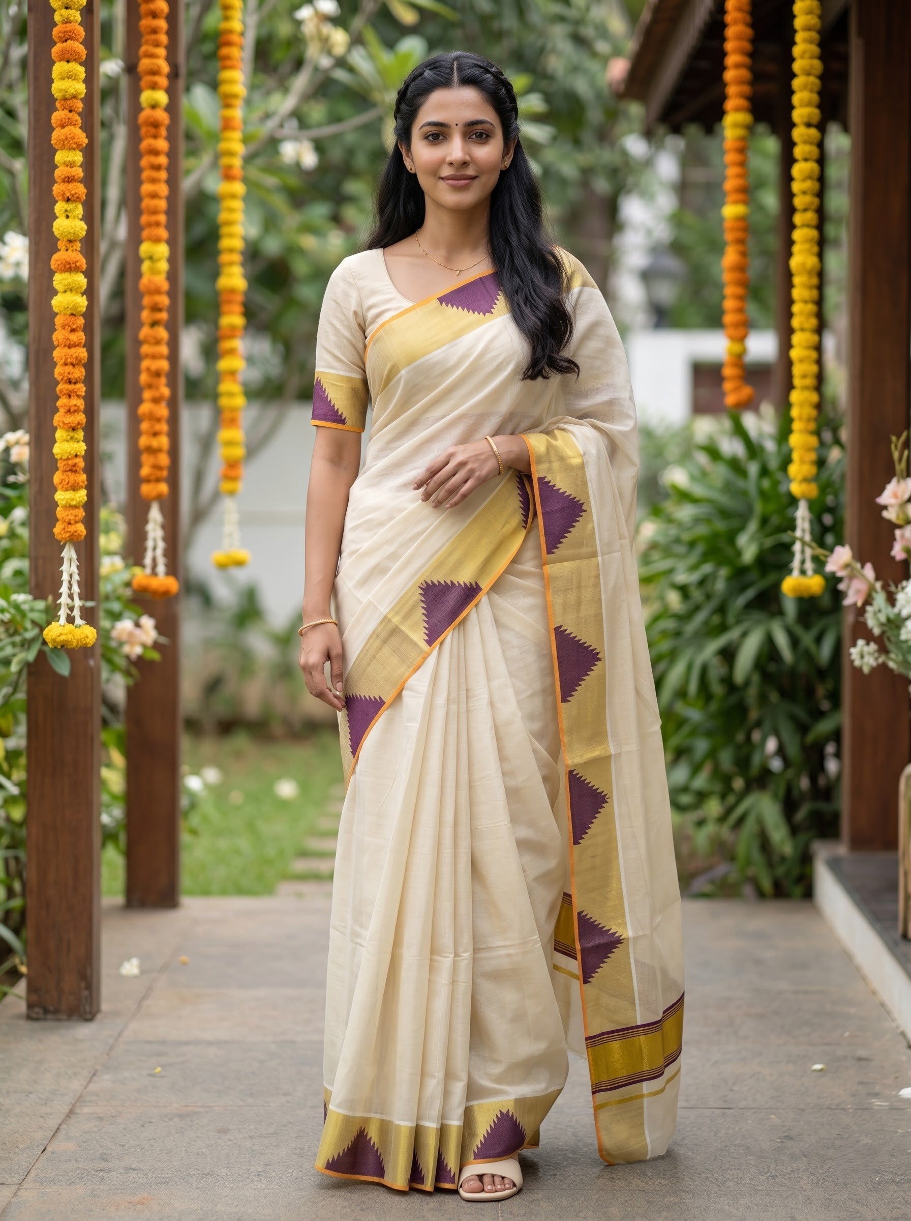 Tissue Cream Purple Temple Border Onam Special Kerala Saree with Golden Zari