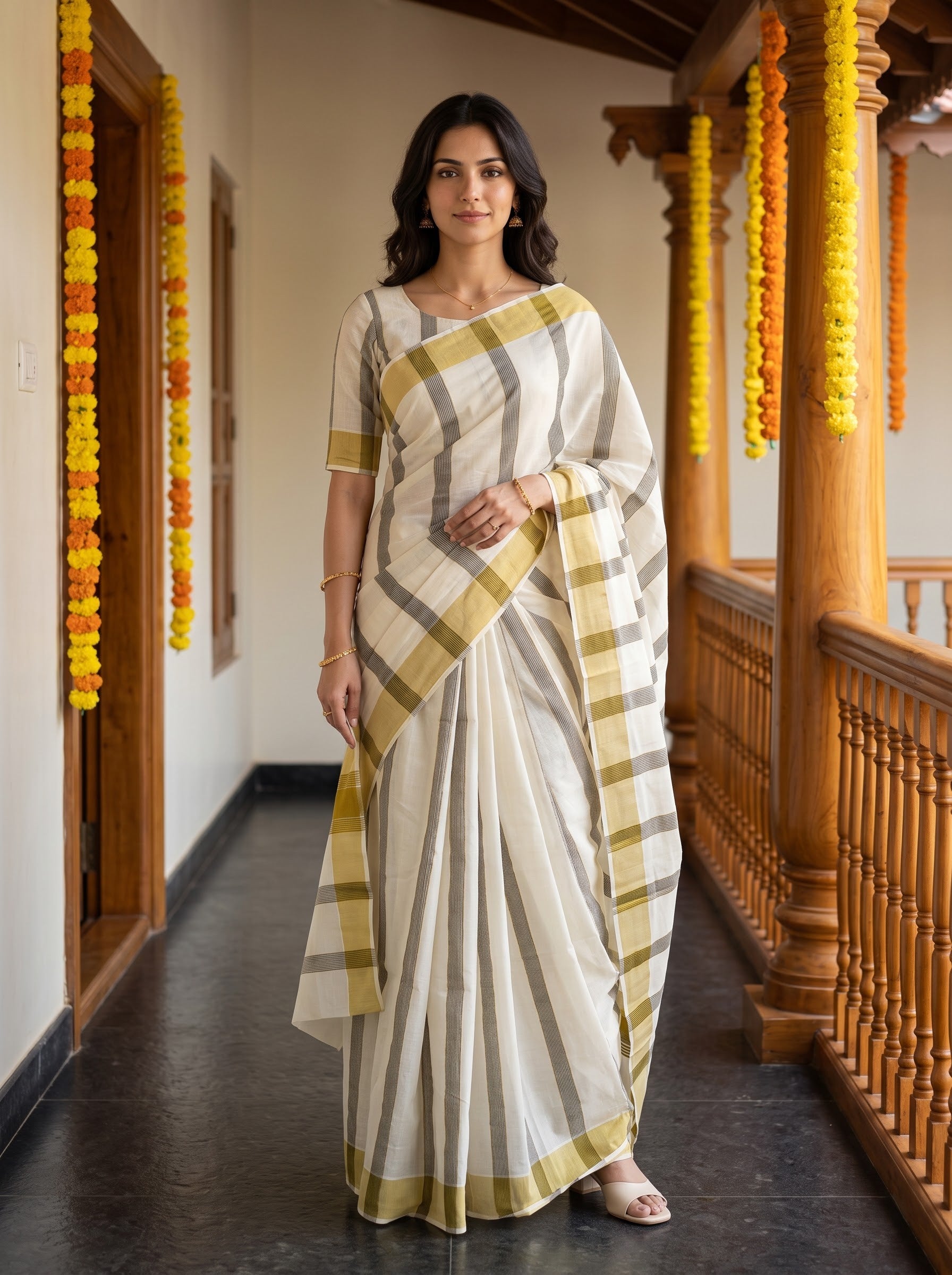 Cotton Cream Golden Black Striped with Checked Border Onam Special Kerala  Saree