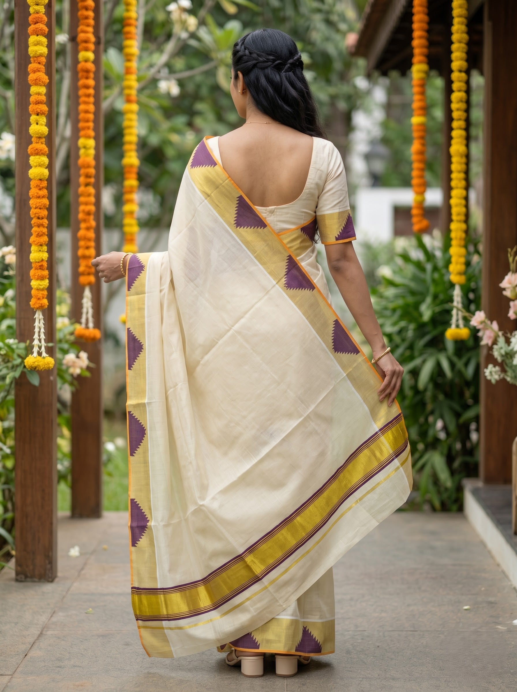 Tissue Cream Purple Temple Border Onam Special Kerala Saree with Golden Zari