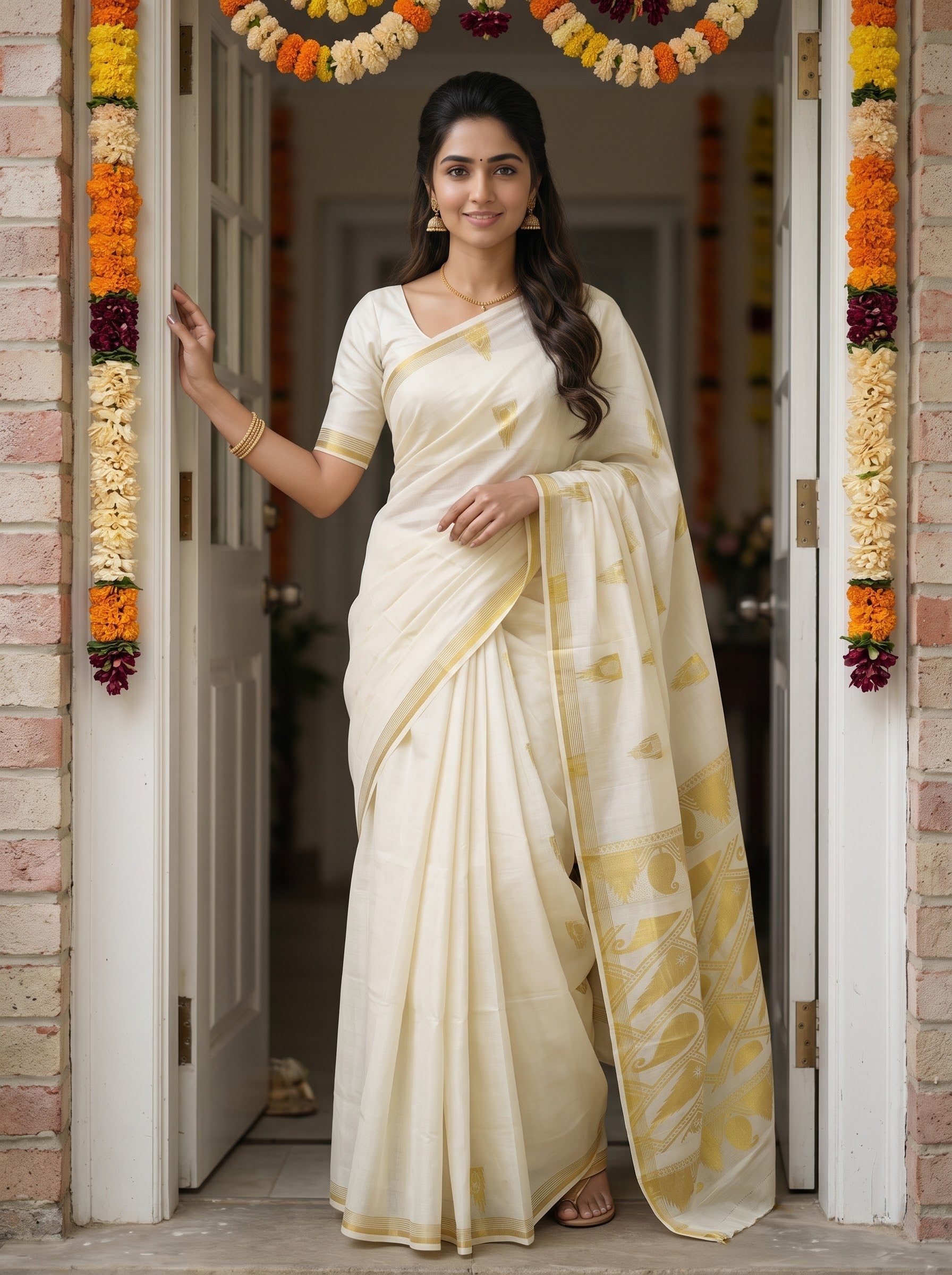 Cotton Cream Golden Woven Motif Onam Special Kerala Saree with Paisley Lattice Pallu