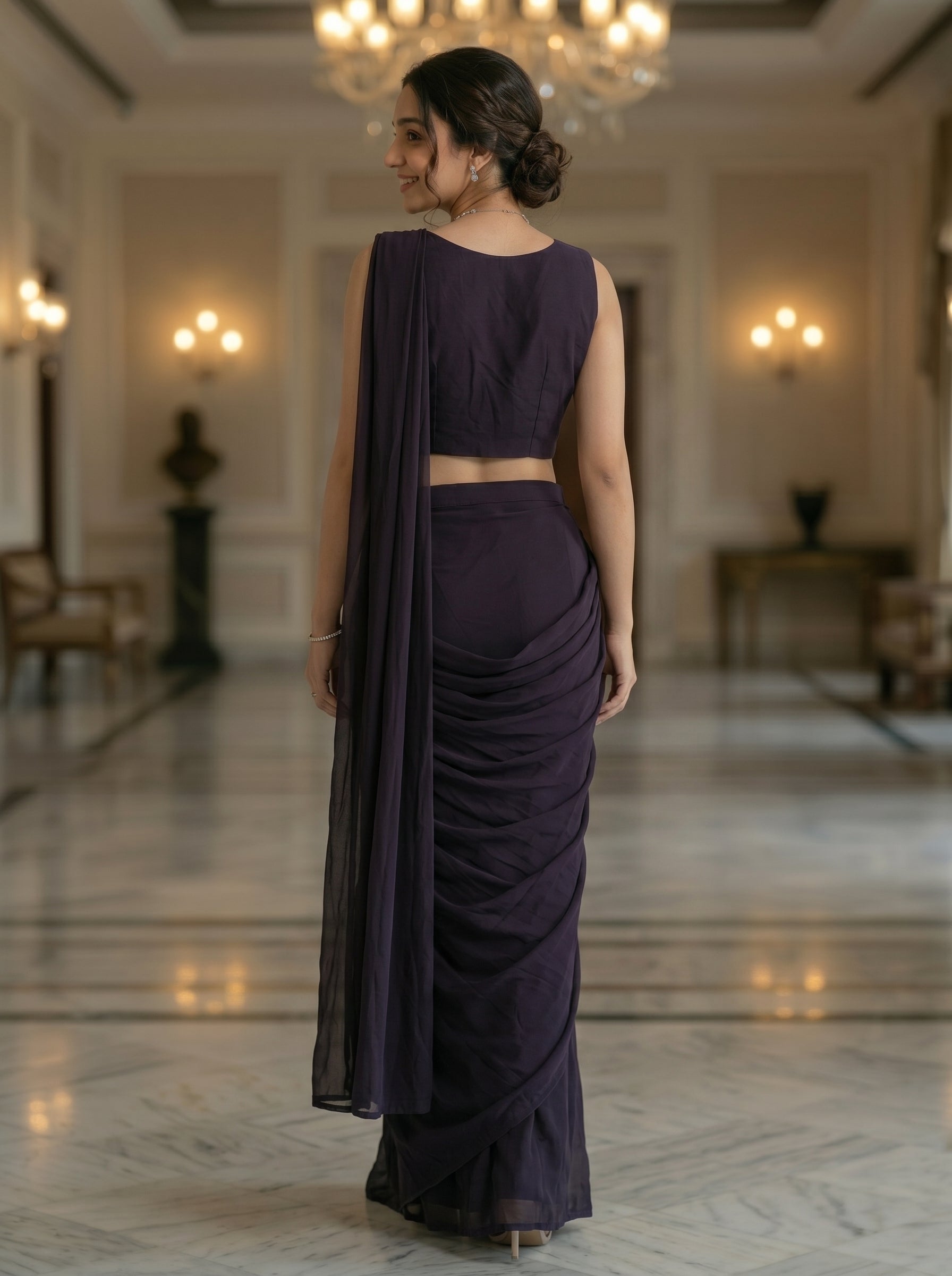 Lycra Satin Deep Purple Sequined Embellished  Ready-to-Wear Saree with Designer Blouse
