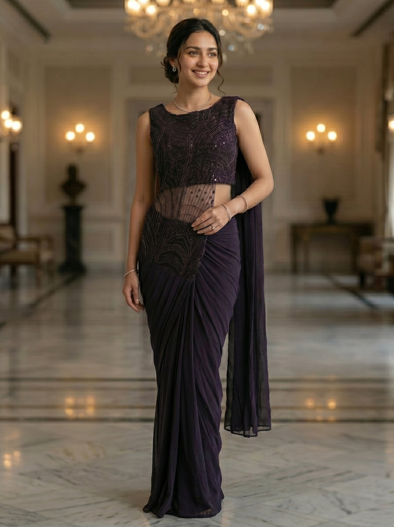 Woman in a dark purple saree standing in an elegant indoor setting with chandeliers.