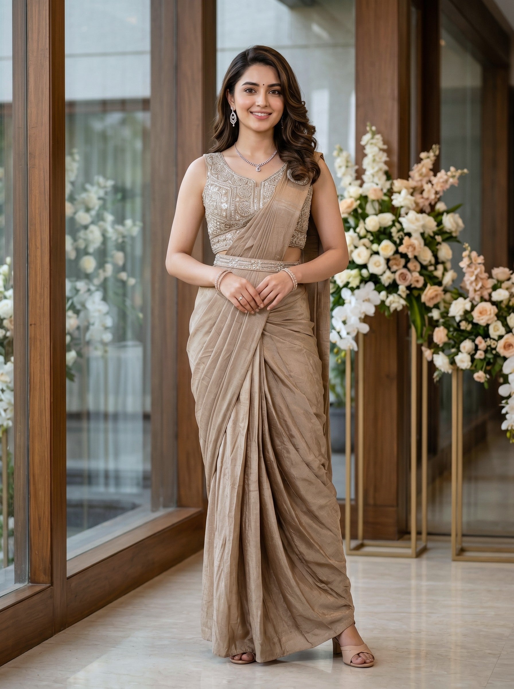 Woman in a beige saree standing in a decorated indoor setting with flowers.